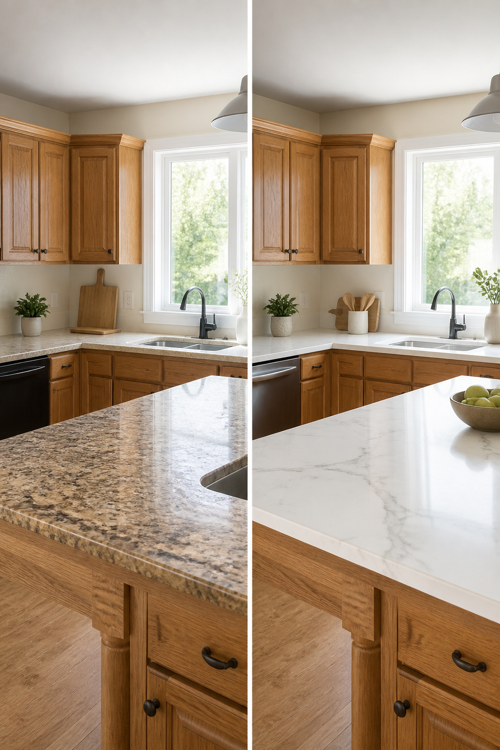 White quartz countertops paired with light oak kitchen cabinets.