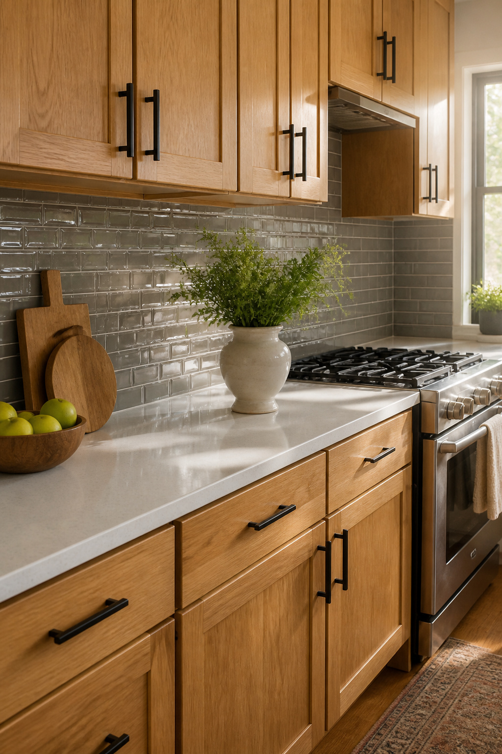 Warm gray subway tile backsplash in a kitchen with oak cabinets.