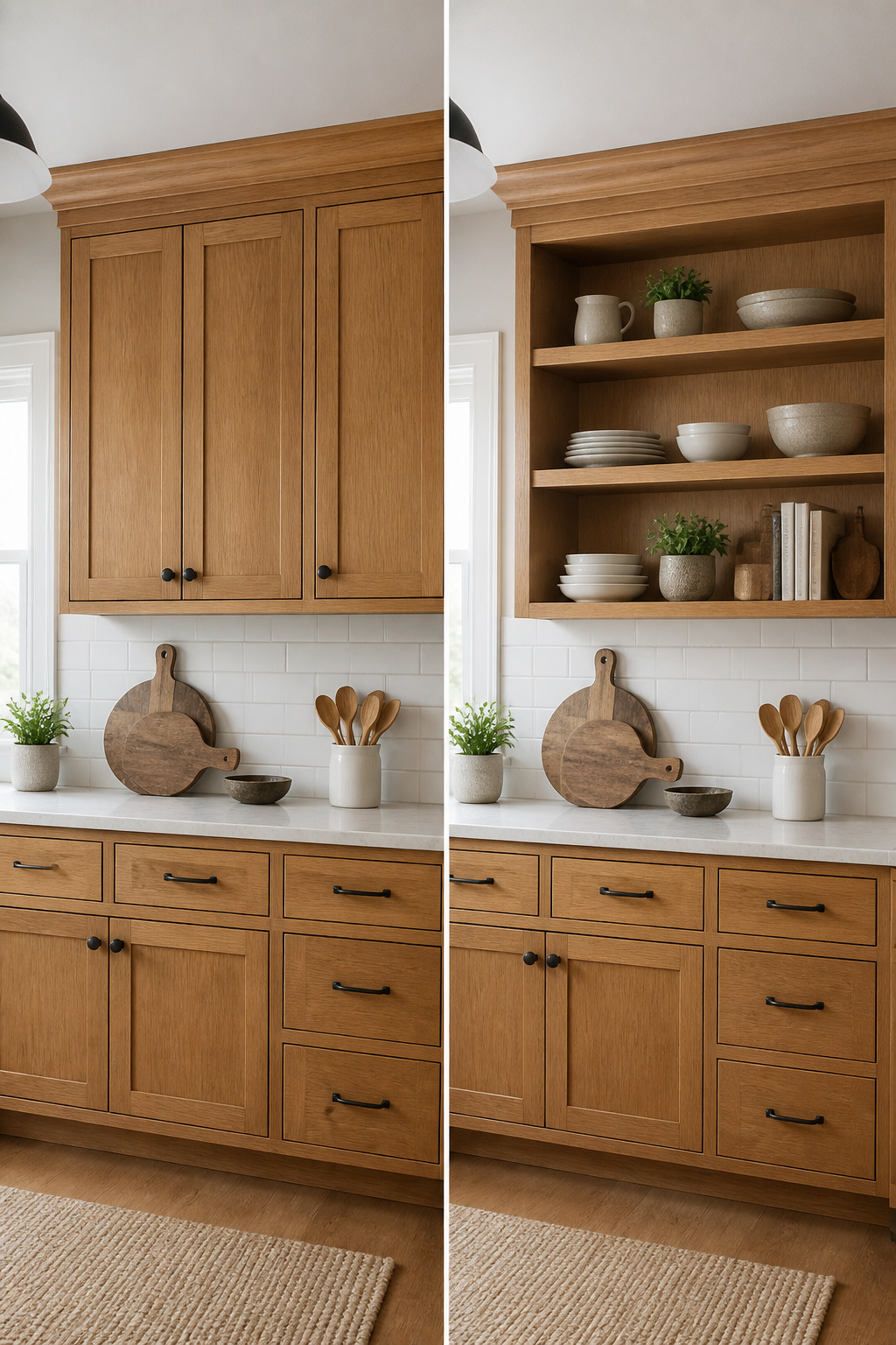 Open shelves replacing cabinet doors in a kitchen with oak cabinets.