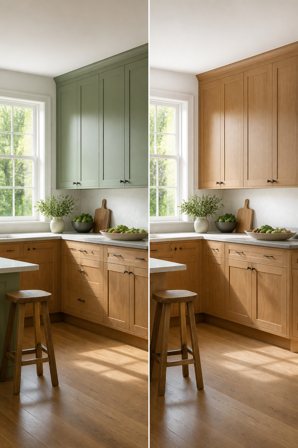 A kitchen with upper cabinets painted white and lower oak cabinets.