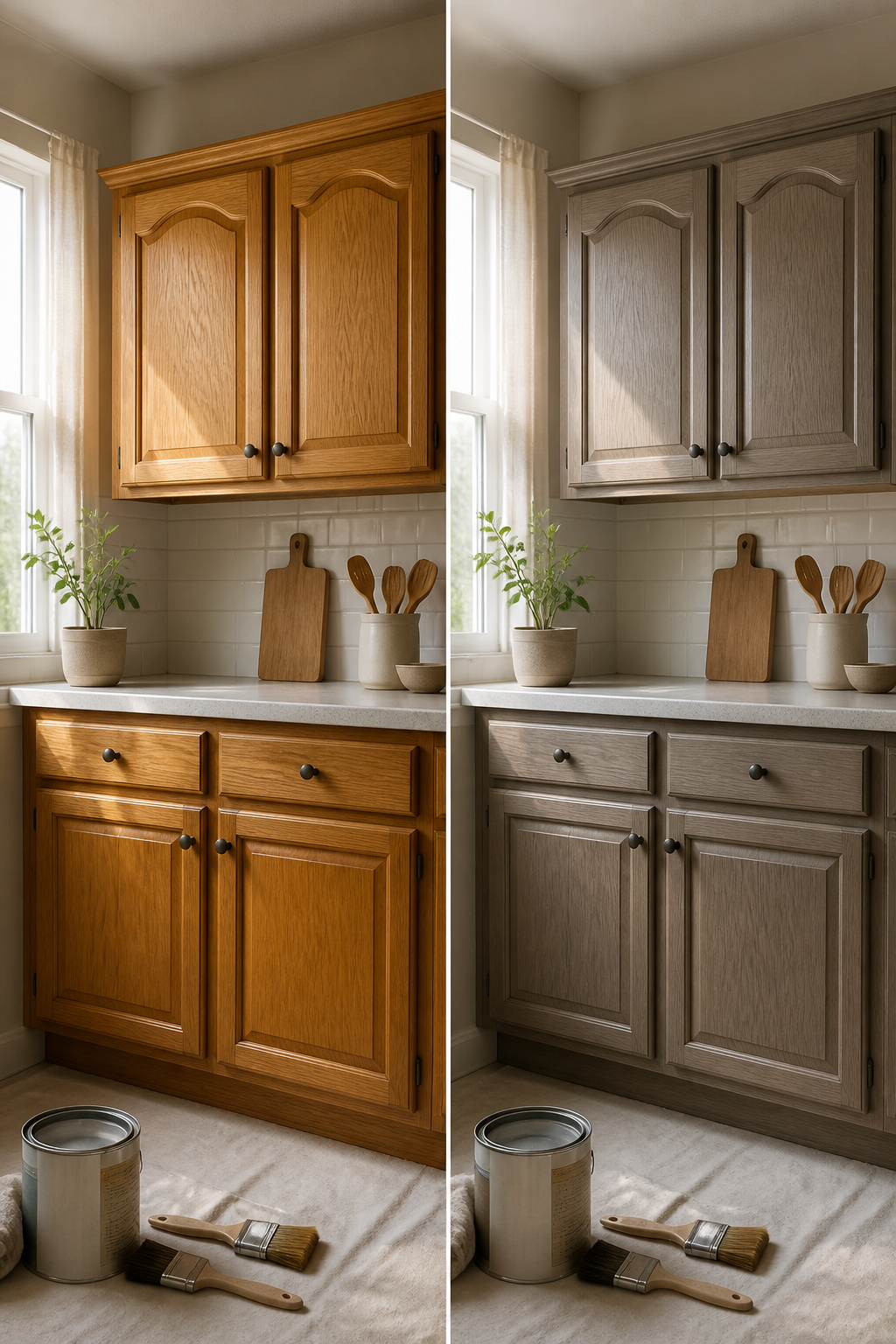 Oak cabinets refinished with a gray-wash stain in a kitchen.