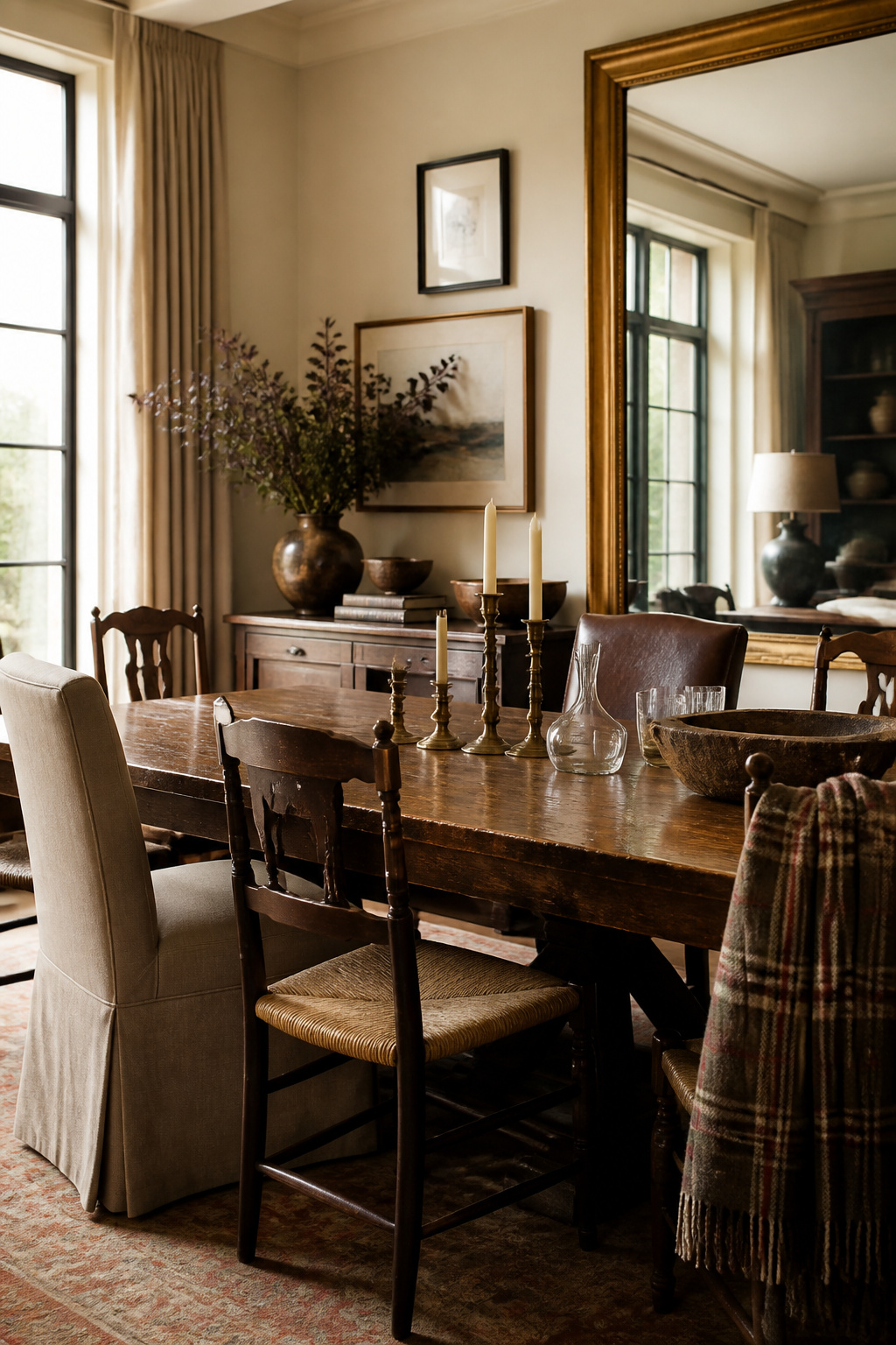 Ralph Lauren Dining Room Ideas: Plaid, Porcelain and Natural Materials 7 An oak dining table surrounded by mismatched chairs and candlesticks.