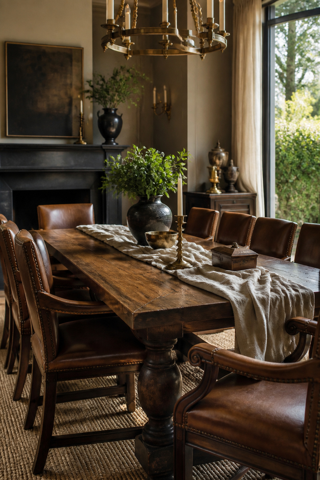 Ralph Lauren Dining Room Ideas: Plaid, Porcelain and Natural Materials 8 A wooden dining table with leather chairs and a linen runner.
