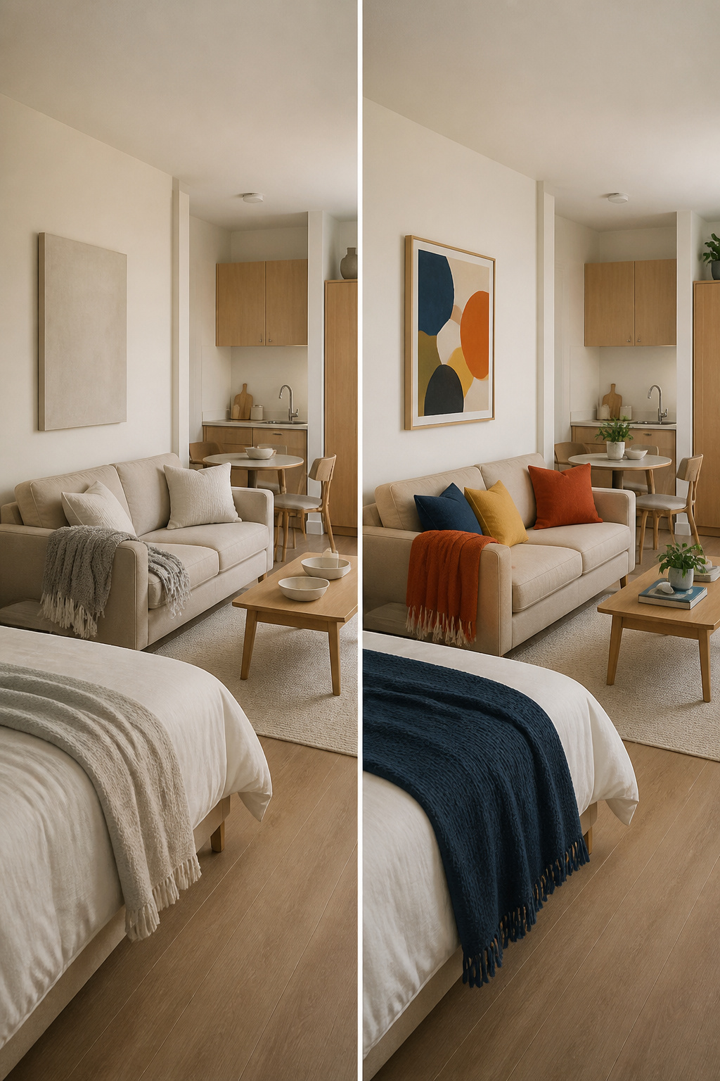 8 Small Apartment Ideas That Maximize Space and Style in 2026 10 A room with cream walls and colorful decorative accessories.