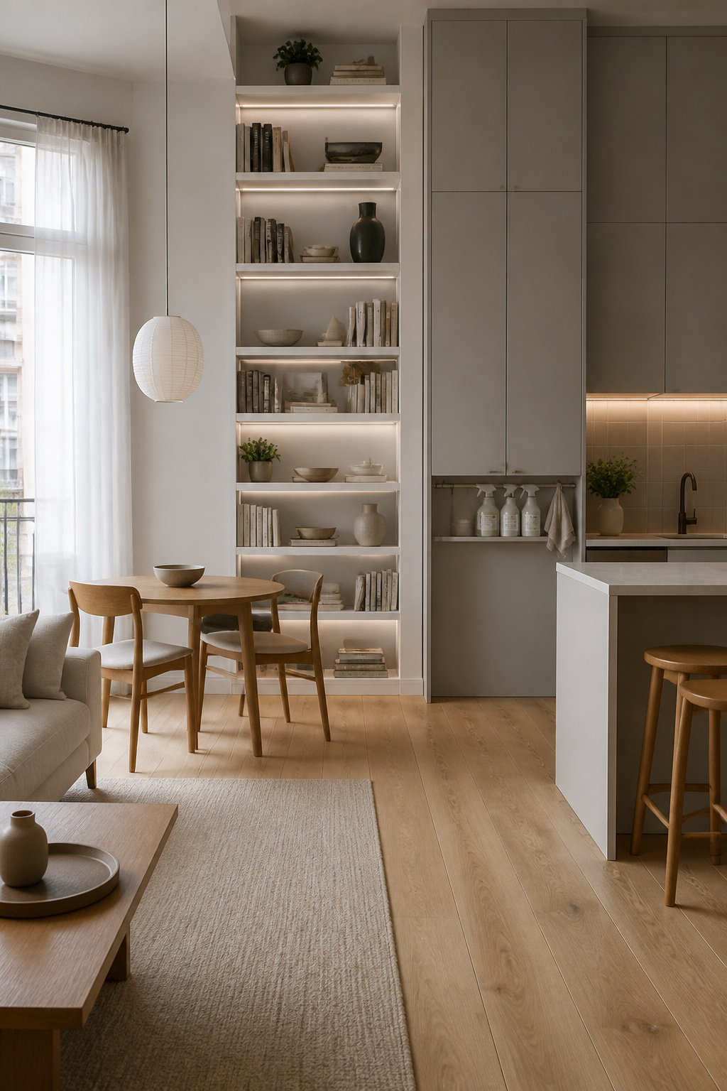 8 Small Apartment Ideas That Maximize Space and Style in 2026 2 Tension rods in a closet holding cleaning bottles and hangers.