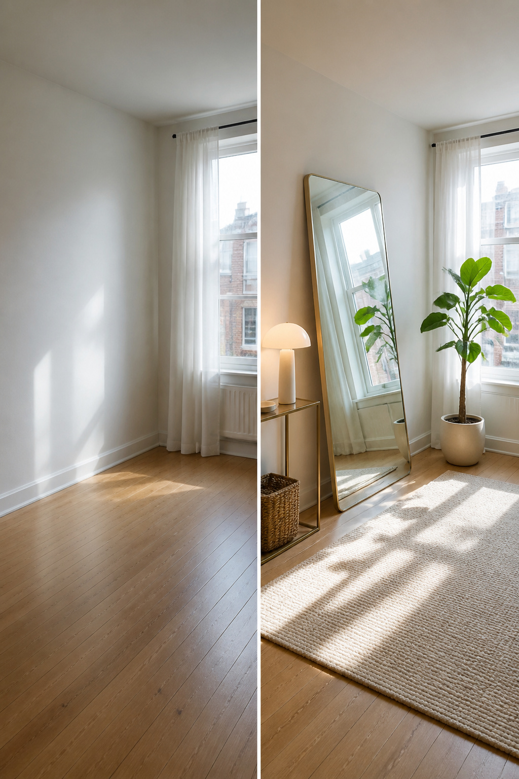 8 Small Apartment Ideas That Maximize Space and Style in 2026 3 A room with white walls and light oak flooring reflecting natural light.
