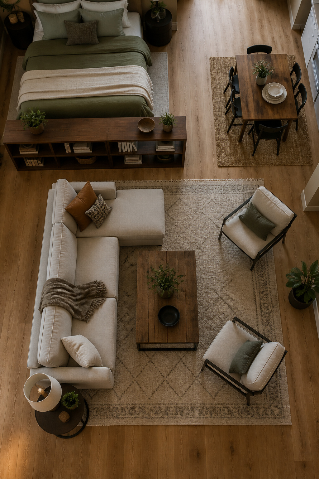 8 Small Apartment Ideas That Maximize Space and Style in 2026 4 Rugs placed in different zones of a studio apartment.