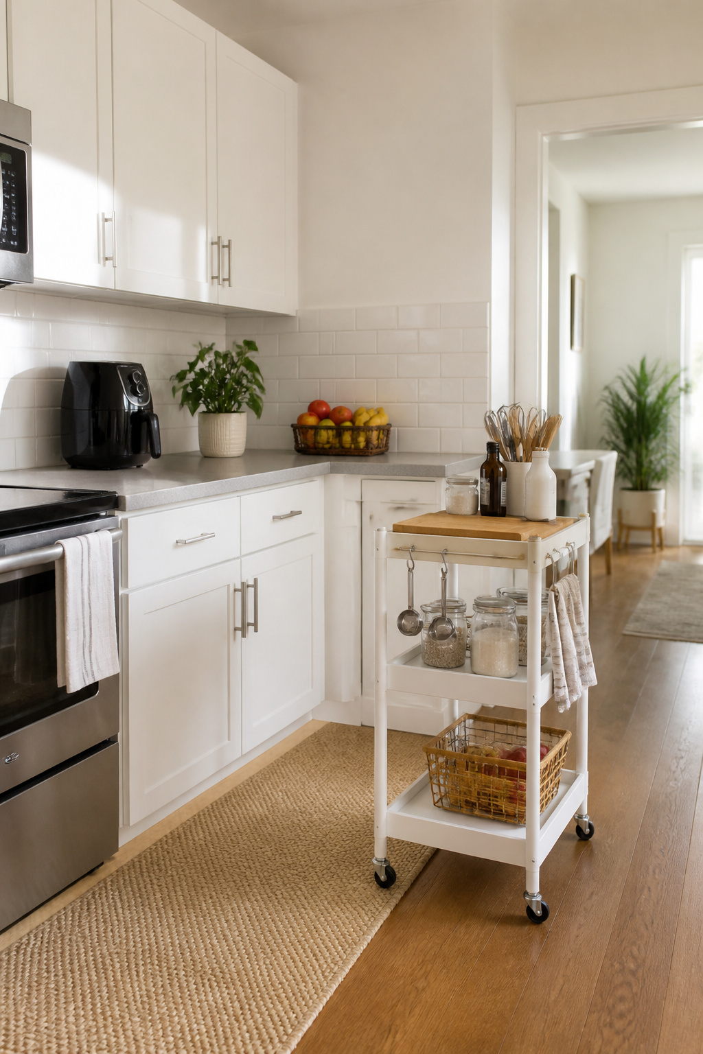 8 Small Apartment Ideas That Maximize Space and Style in 2026 5 A minimalist kitchen with a rolling cart and few kitchen gadgets.