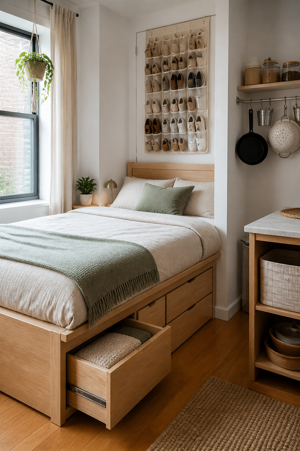 8 Small Apartment Ideas That Maximize Space and Style in 2026 6 A queen bed with built-in drawers for storage underneath.