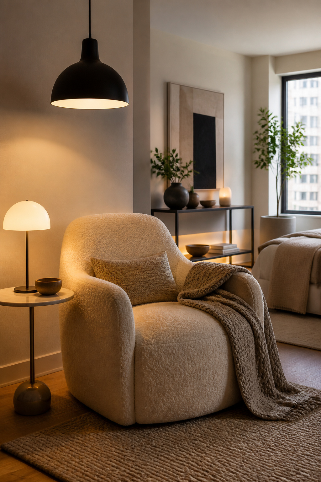 8 Small Apartment Ideas That Maximize Space and Style in 2026 7 A room with various light sources at different heights.