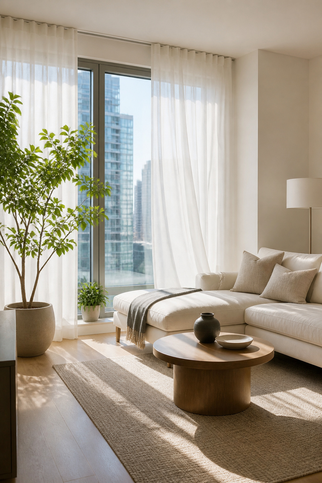 8 Small Apartment Ideas That Maximize Space and Style in 2026 9 Large windows with sheer curtains in a sunlit living room.