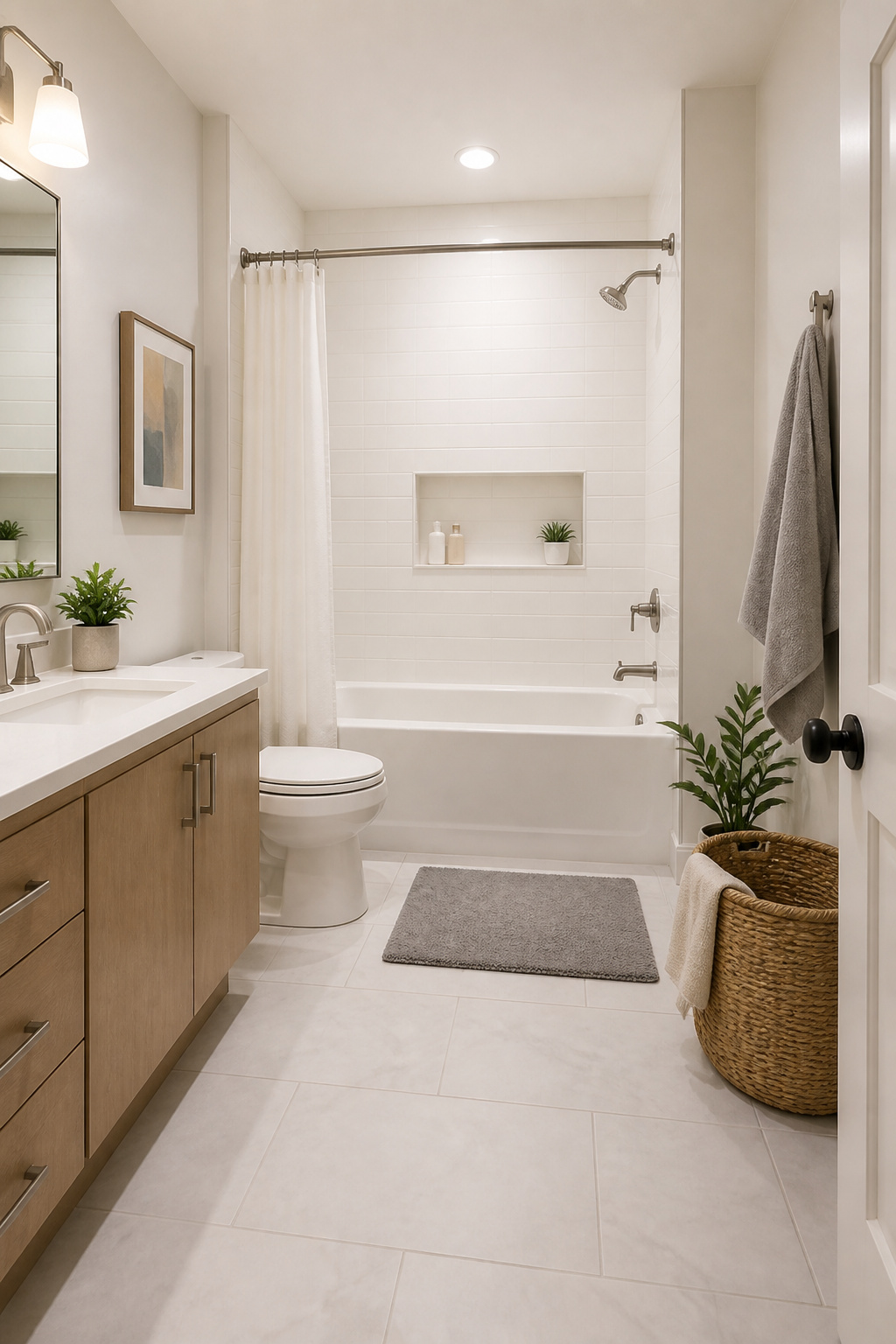 A tub-shower combo in a small bathroom setting.