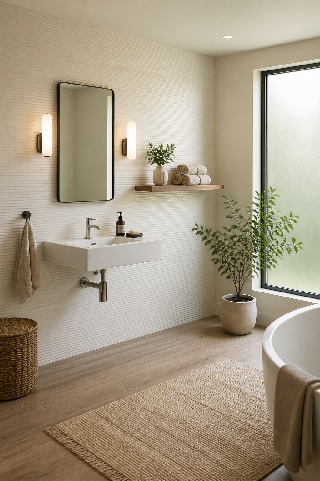 A wall-mounted sink in a small bathroom with open floor space.