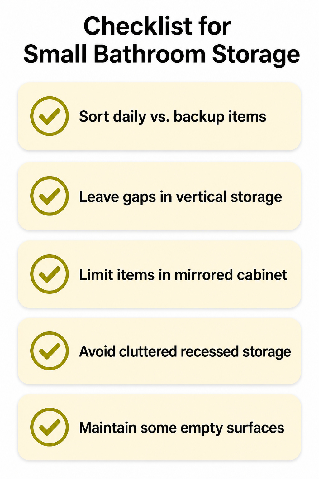 A checklist for effective small bathroom storage solutions.