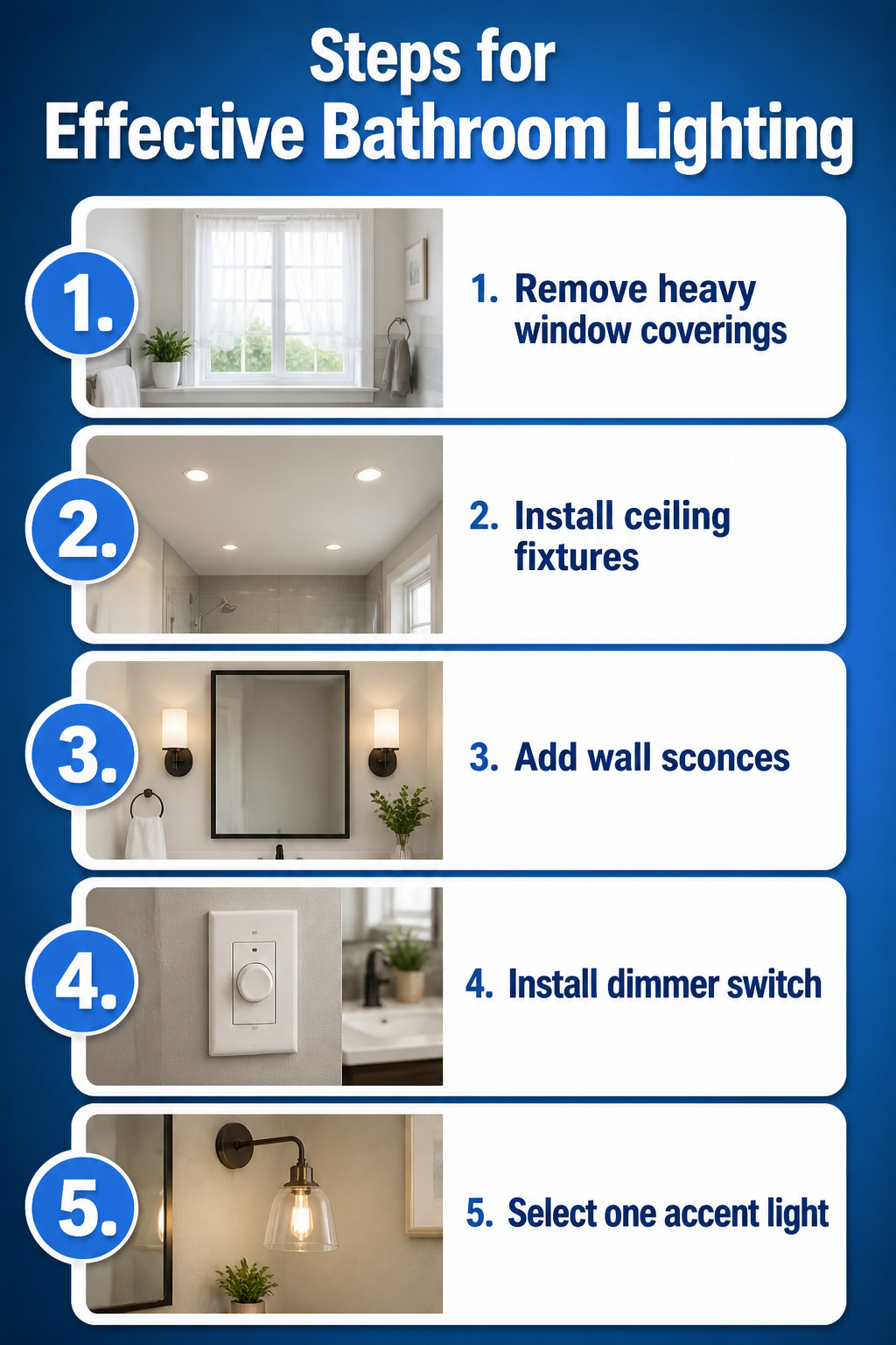 Steps for implementing effective lighting in a bathroom.