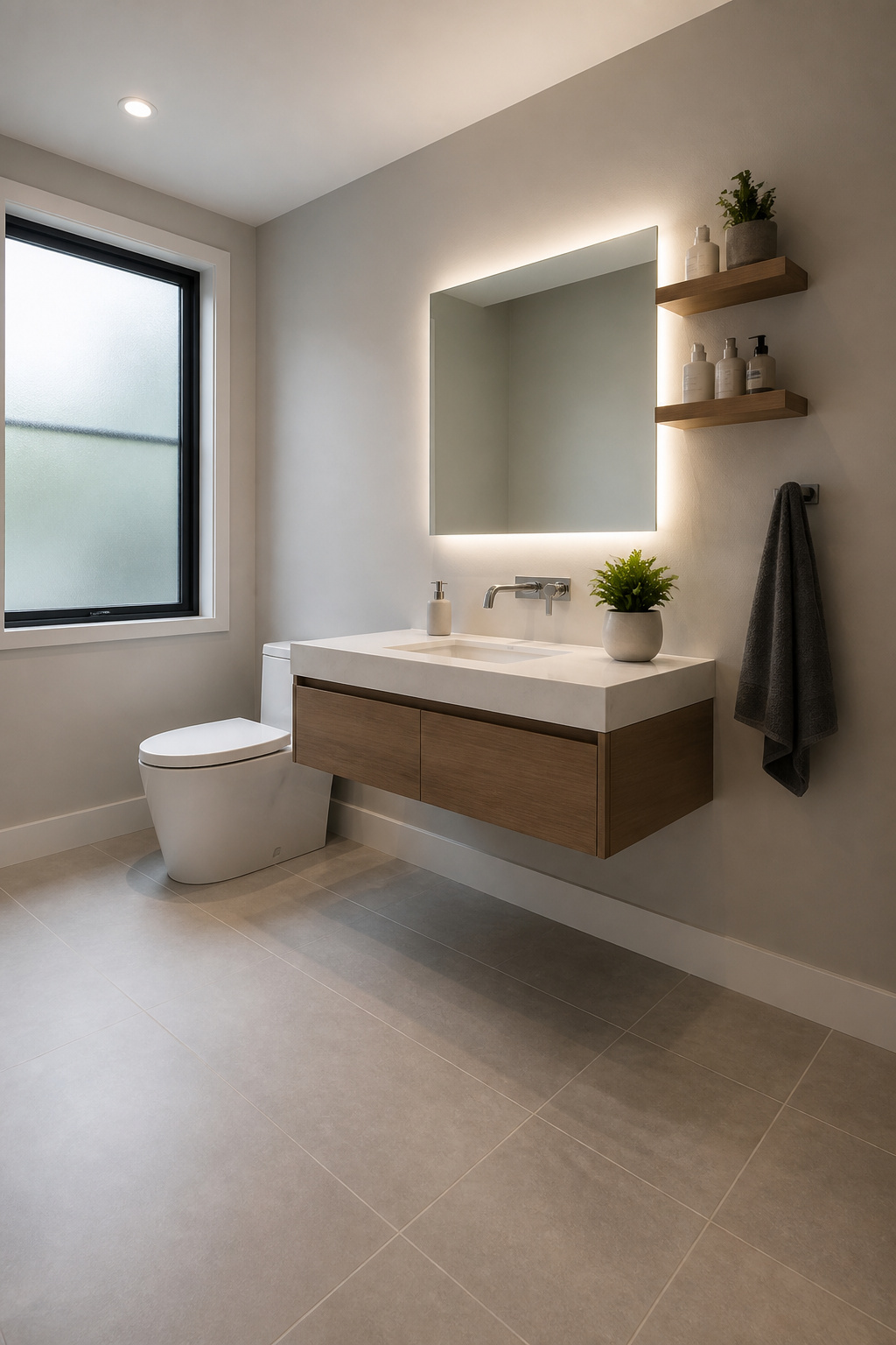 A floating vanity in a small bathroom showing open floor space underneath.