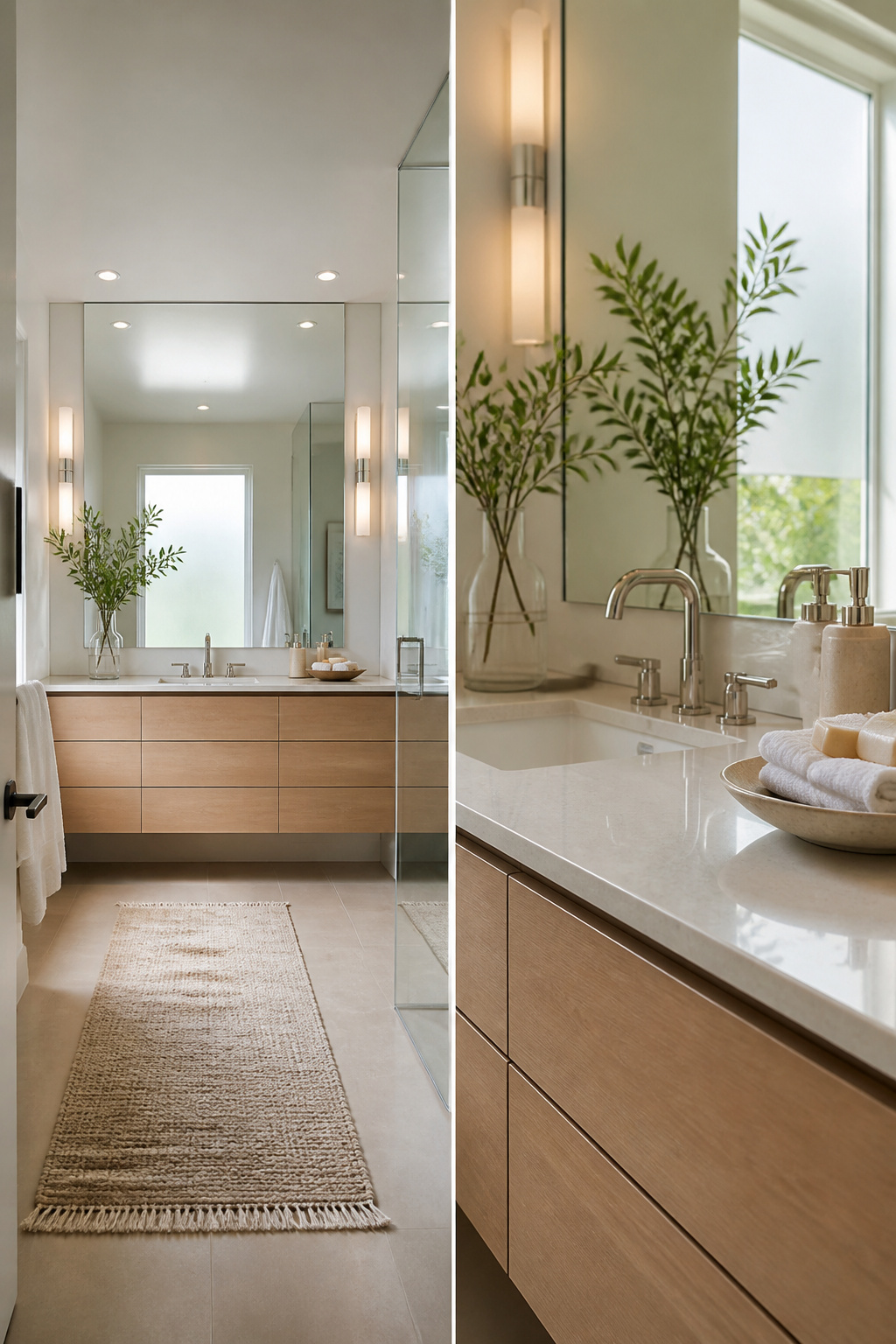 A bathroom with a full-length mirror above the vanity.