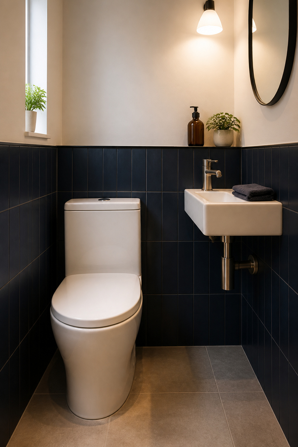 A compact toilet positioned in a small bathroom corner.