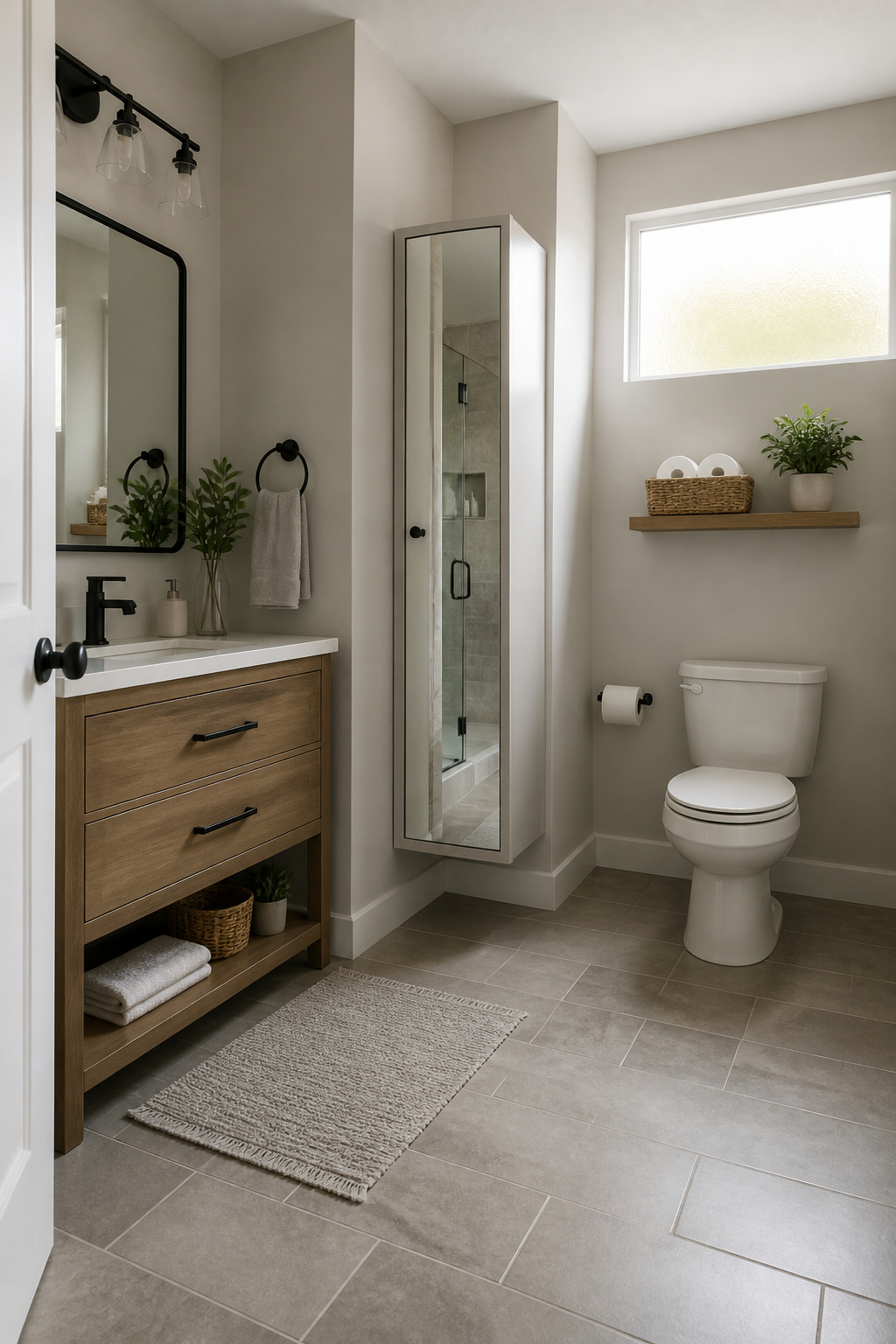 A floating shelf above a toilet holding toiletries and a basket.