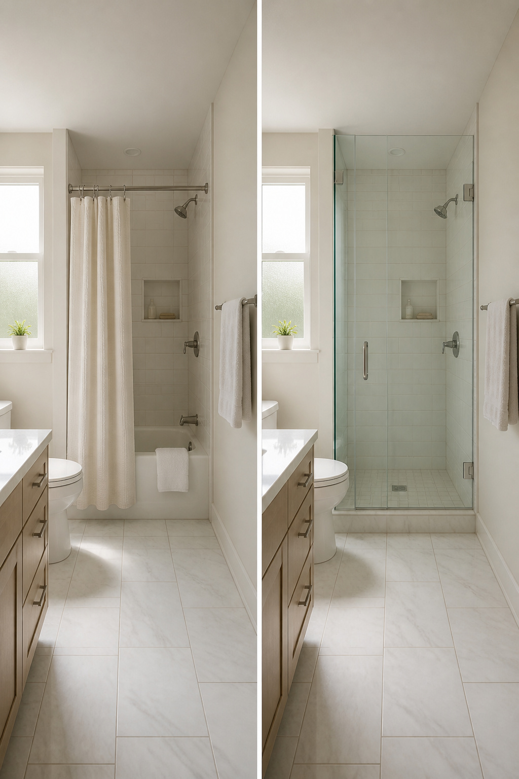 A small shower with frameless glass doors allowing light to flow.