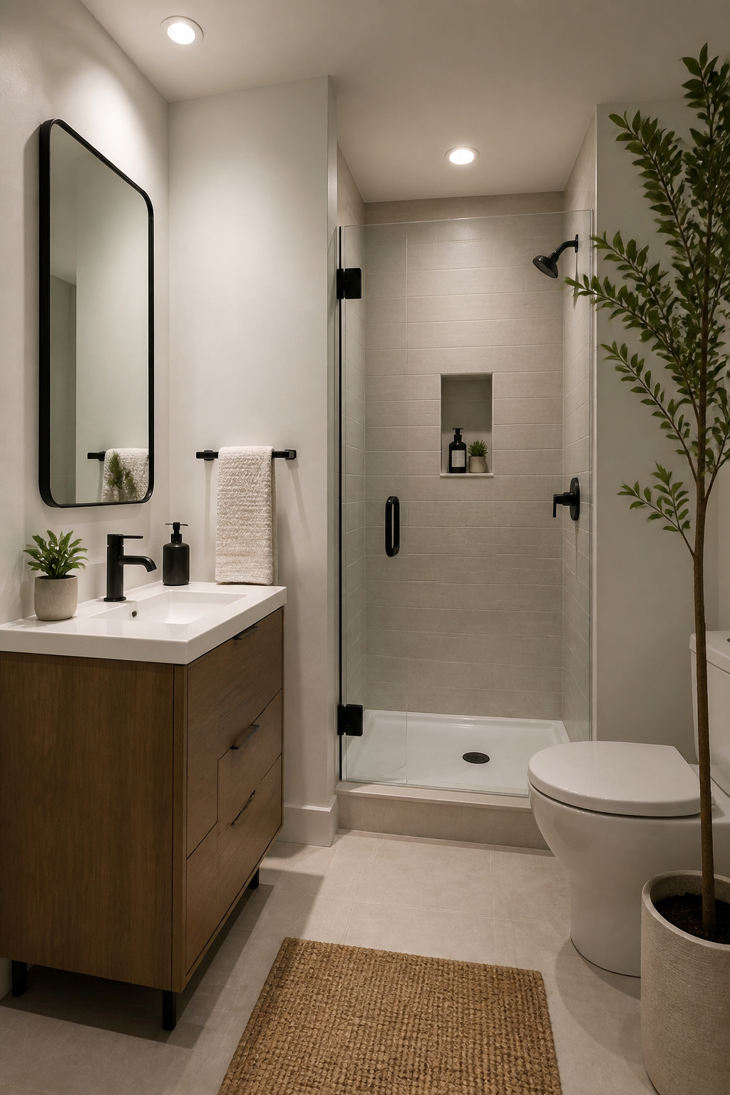Recessed lights installed in the ceiling of a small bathroom.