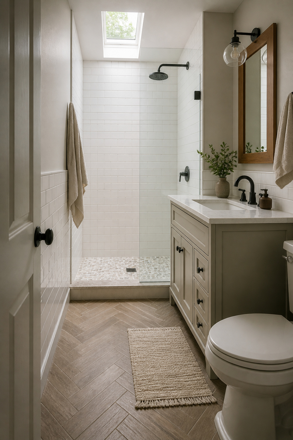 A bathroom floor featuring patterned wood grain tiles.