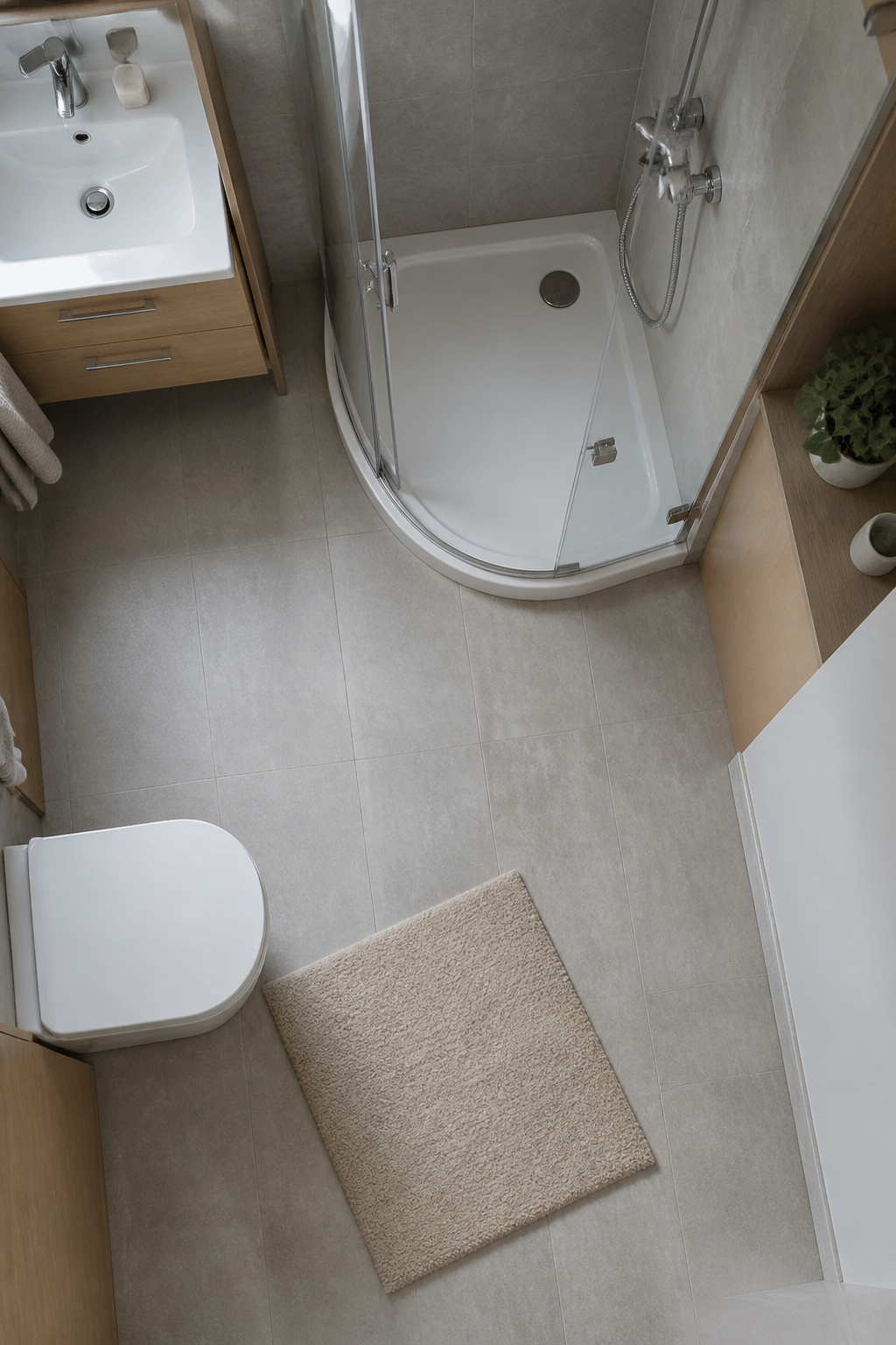 A corner shower installed in a small bathroom.