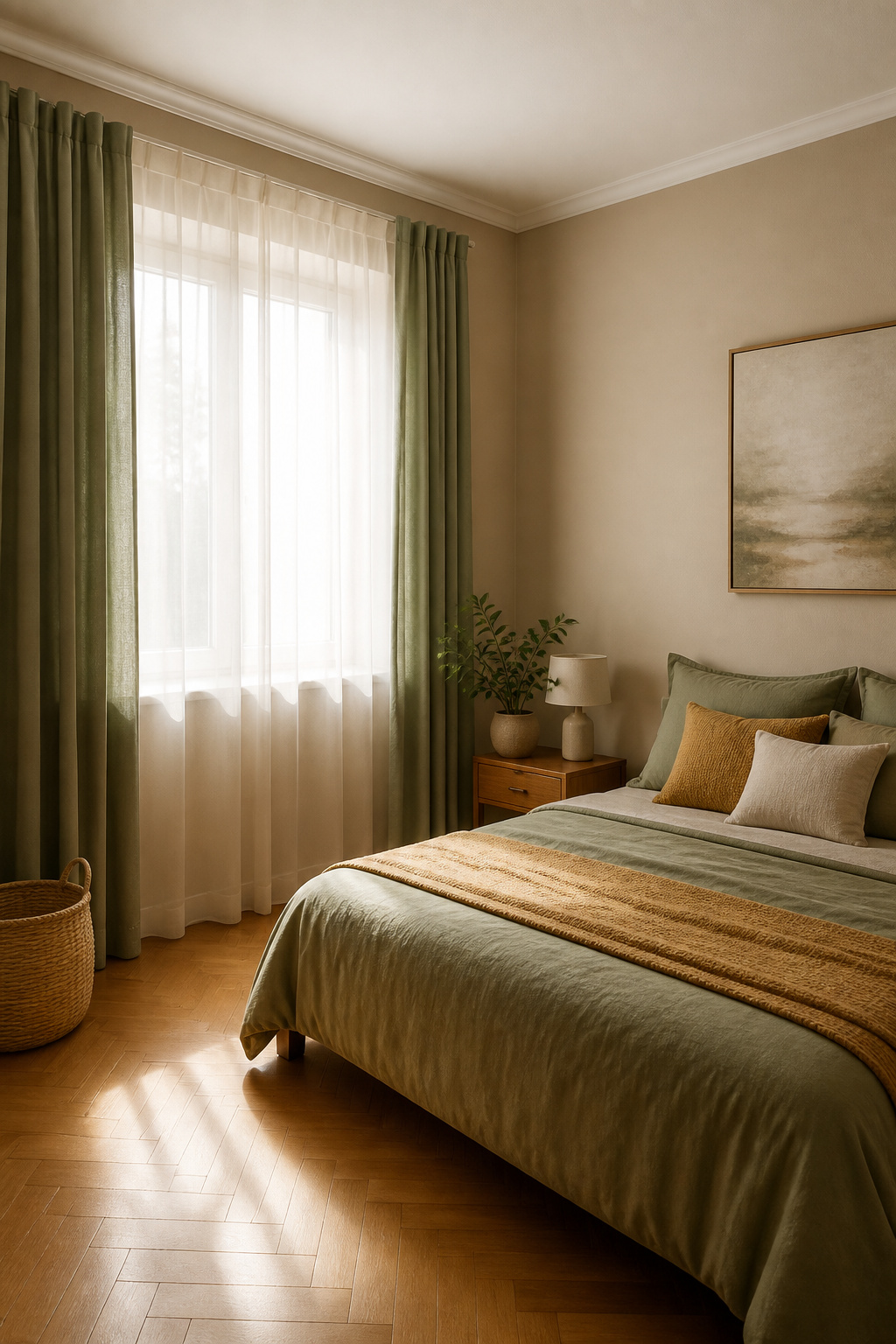 40 Small Bedroom Ideas to Make Every Square Foot Count in 2026 1 Bedroom with beige walls, sage accents, and natural oak flooring.