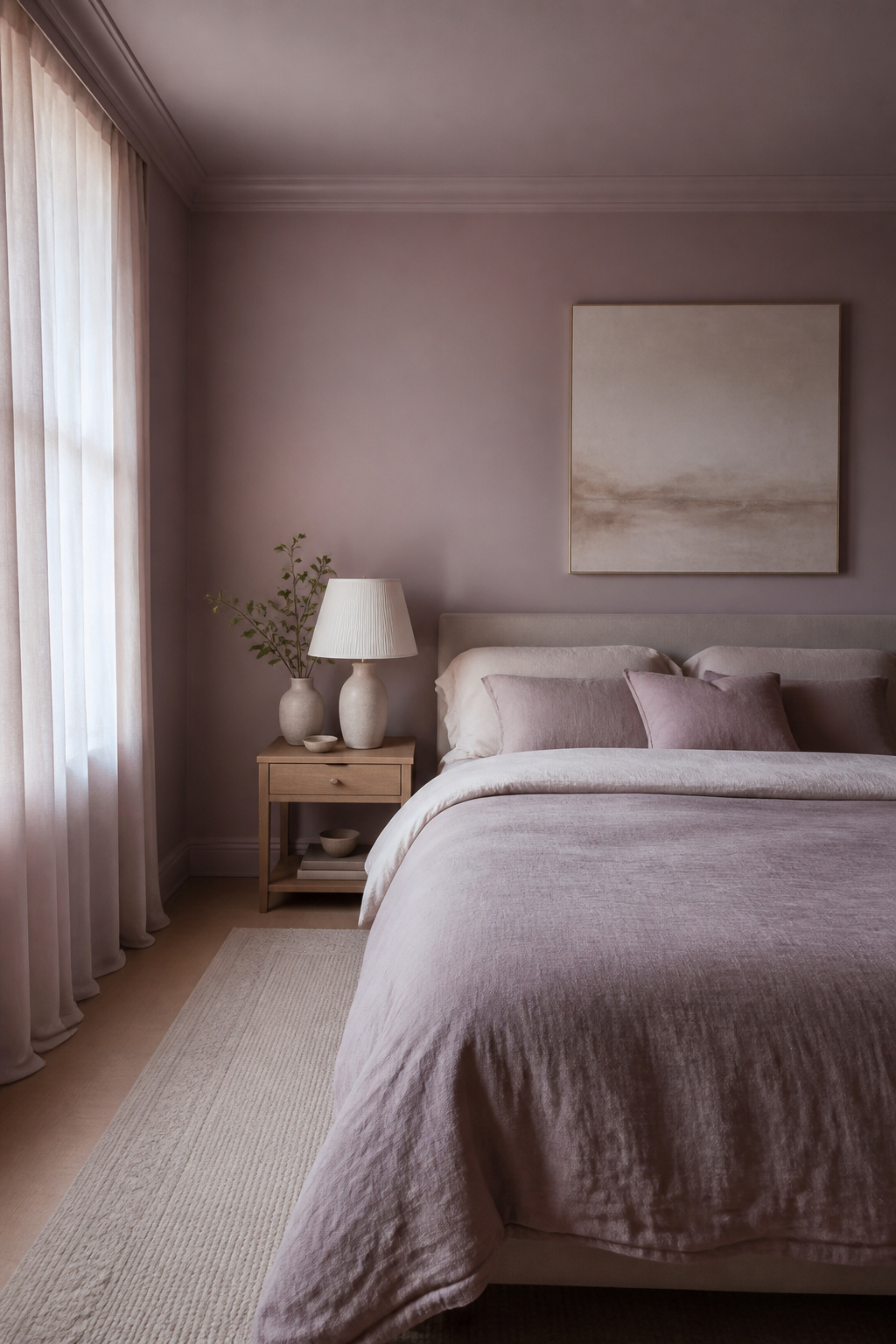 40 Small Bedroom Ideas to Make Every Square Foot Count in 2026 10 Bedroom with walls and bedding in soft misty mauve.