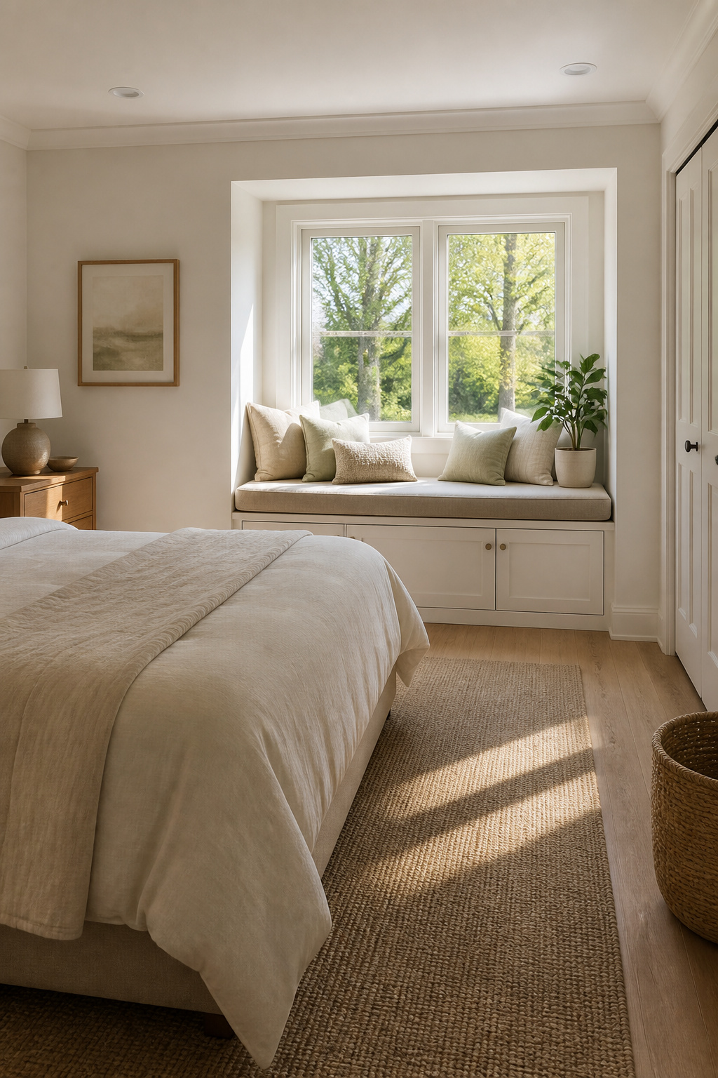 40 Small Bedroom Ideas to Make Every Square Foot Count in 2026 11 Window seat made from cabinets with a plywood top.