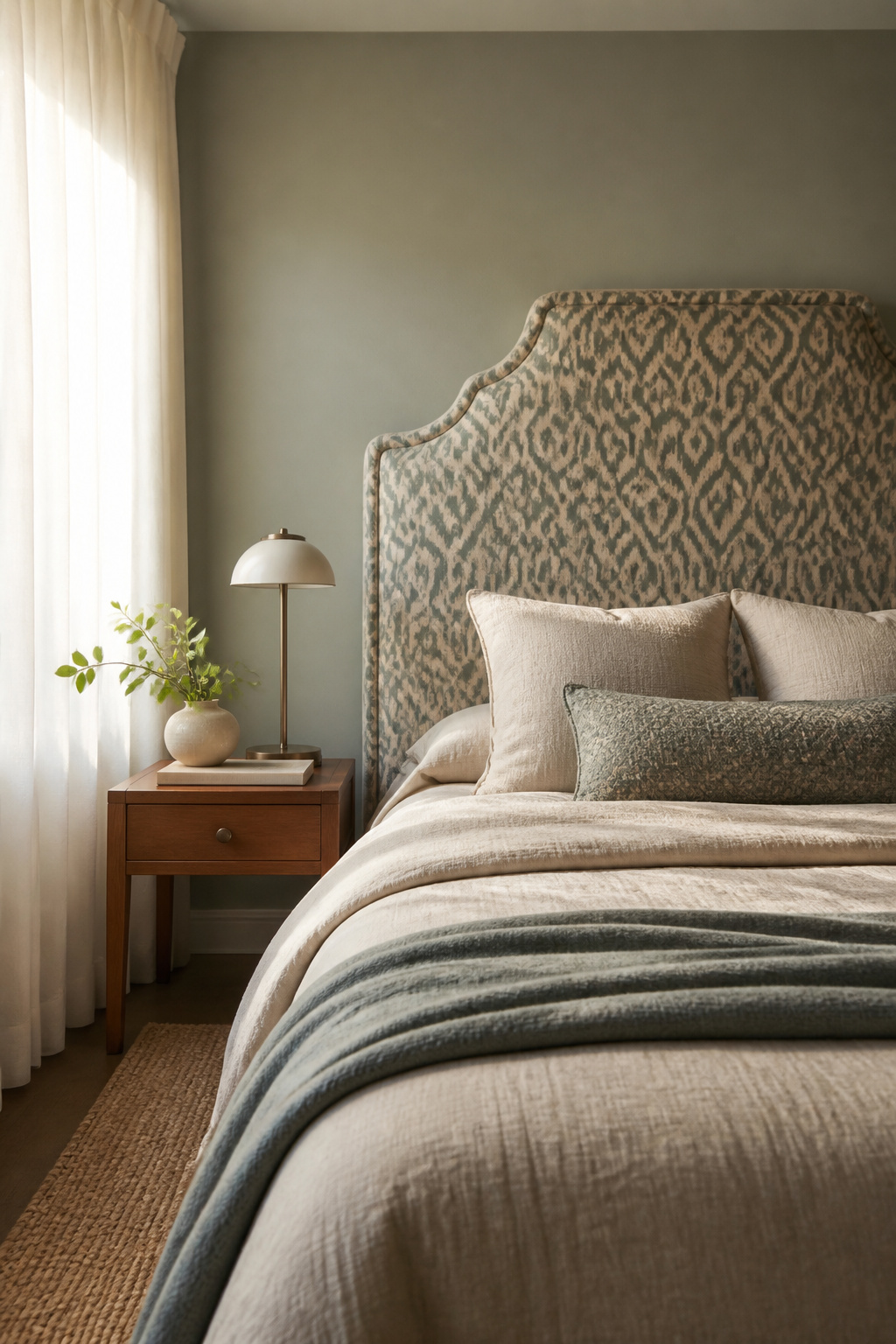 40 Small Bedroom Ideas to Make Every Square Foot Count in 2026 13 Fabric-covered headboard in a small bedroom.