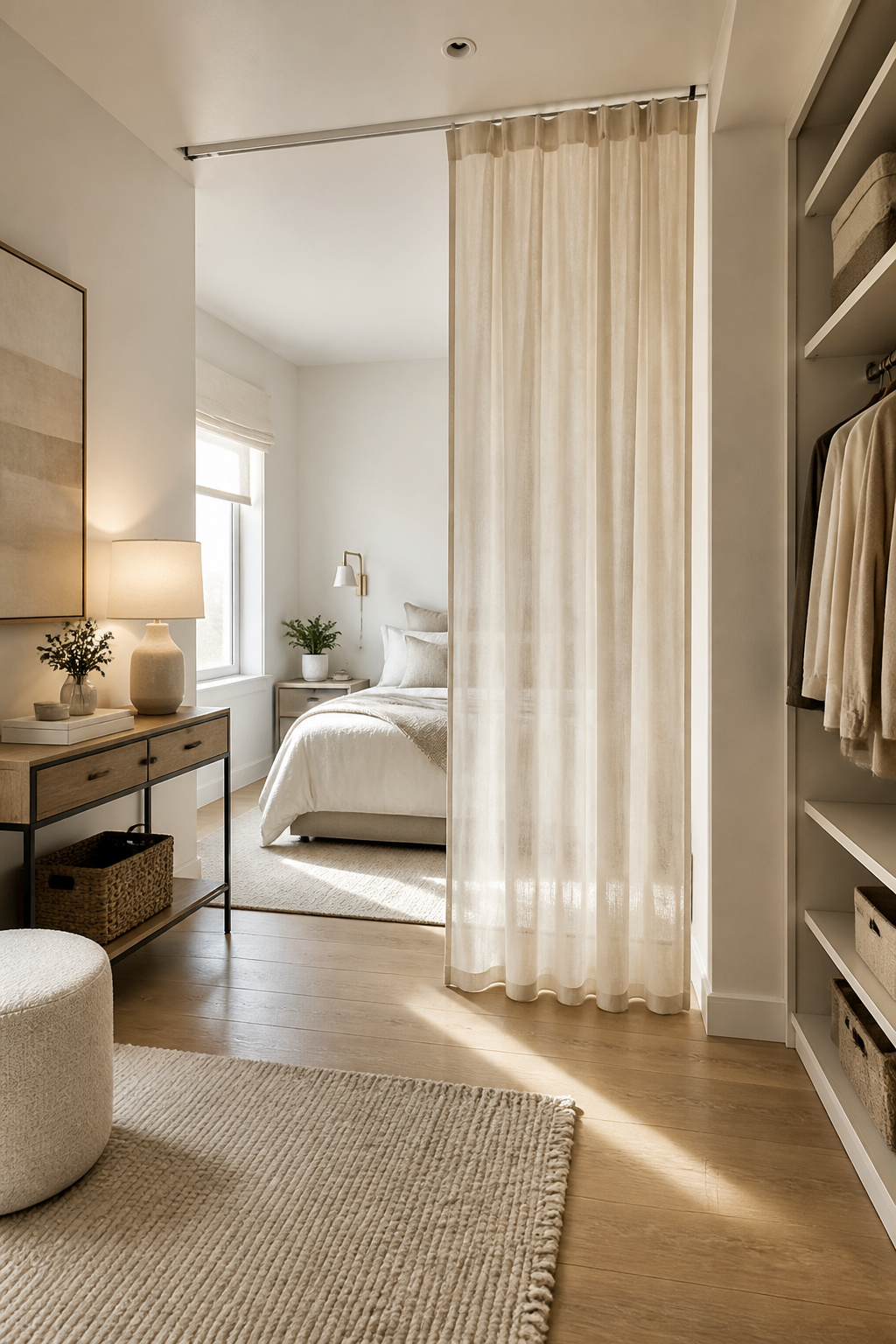 40 Small Bedroom Ideas to Make Every Square Foot Count in 2026 14 Curtain room divider creating separate areas in a bedroom.