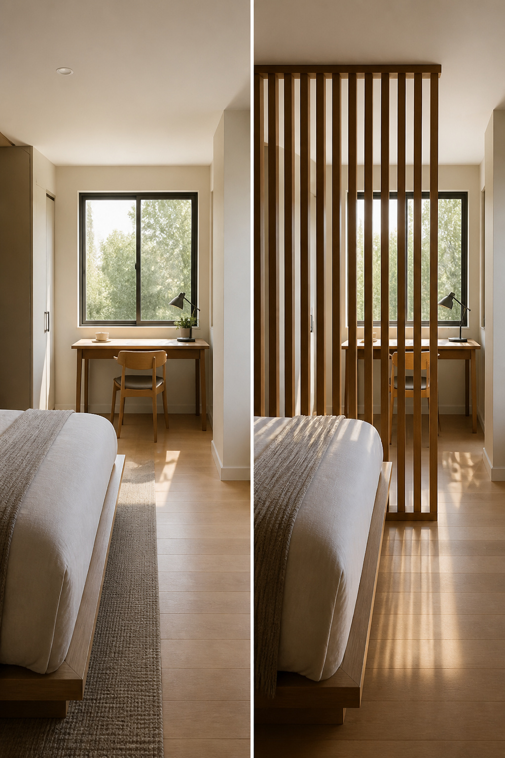 40 Small Bedroom Ideas to Make Every Square Foot Count in 2026 15 Wooden slatted room divider in a small bedroom.