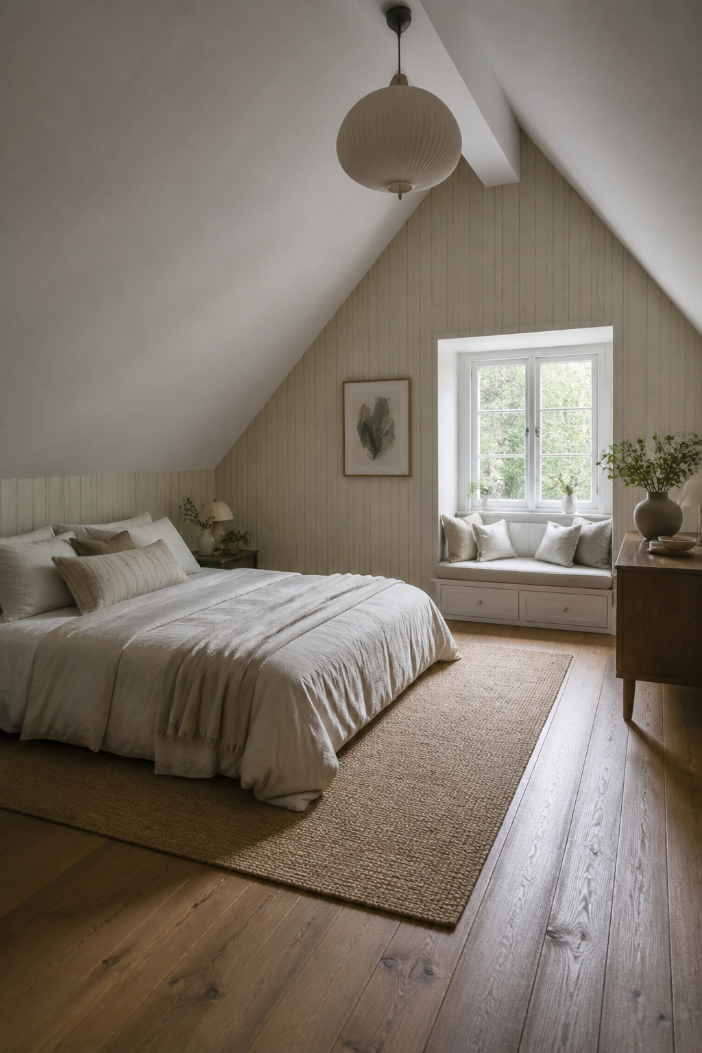 40 Small Bedroom Ideas to Make Every Square Foot Count in 2026 16 Pitched ceiling in a small bedroom with decorative wallpaper.