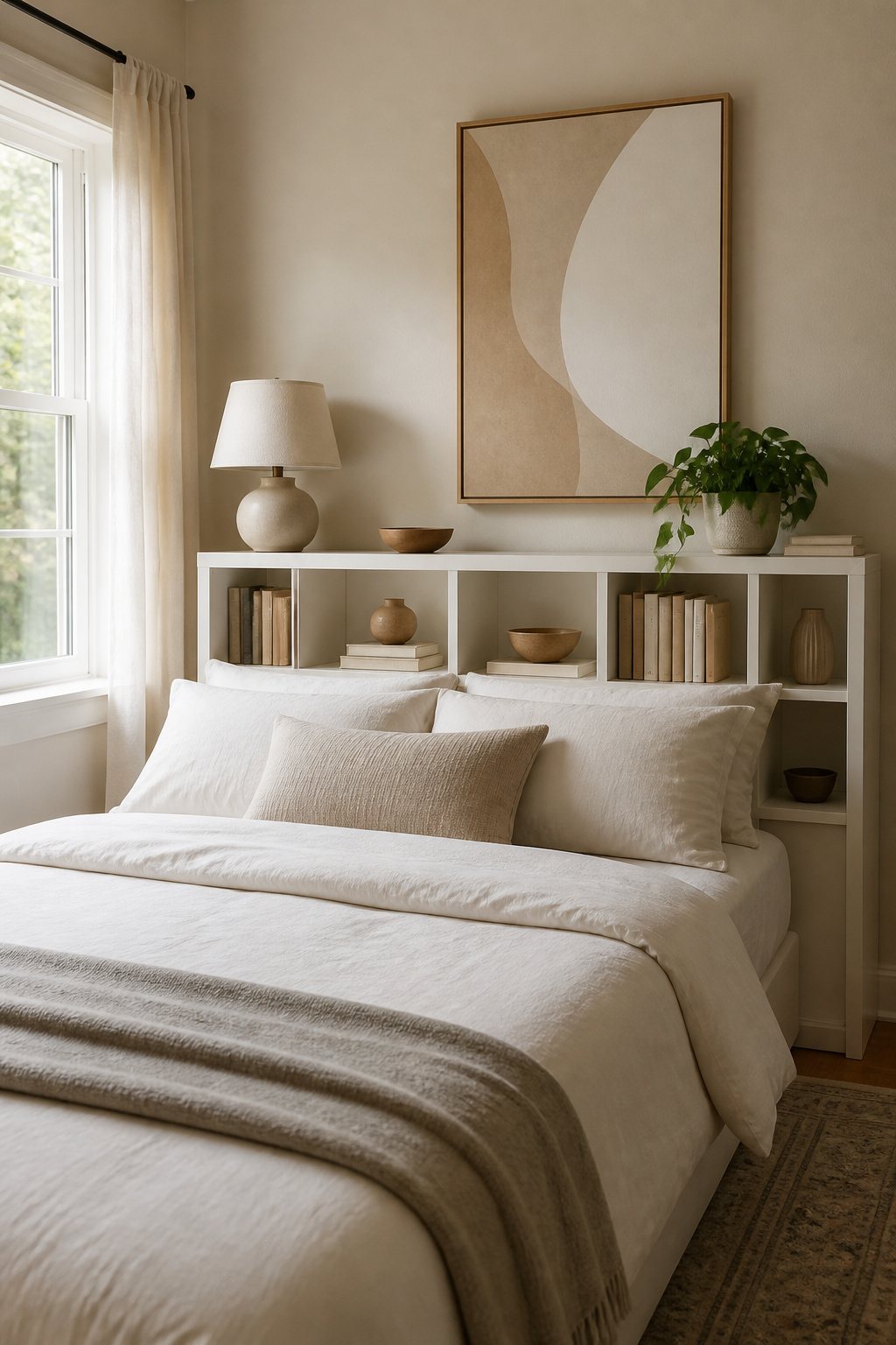 40 Small Bedroom Ideas to Make Every Square Foot Count in 2026 18 Bookcase headboard behind a bed in a small bedroom.