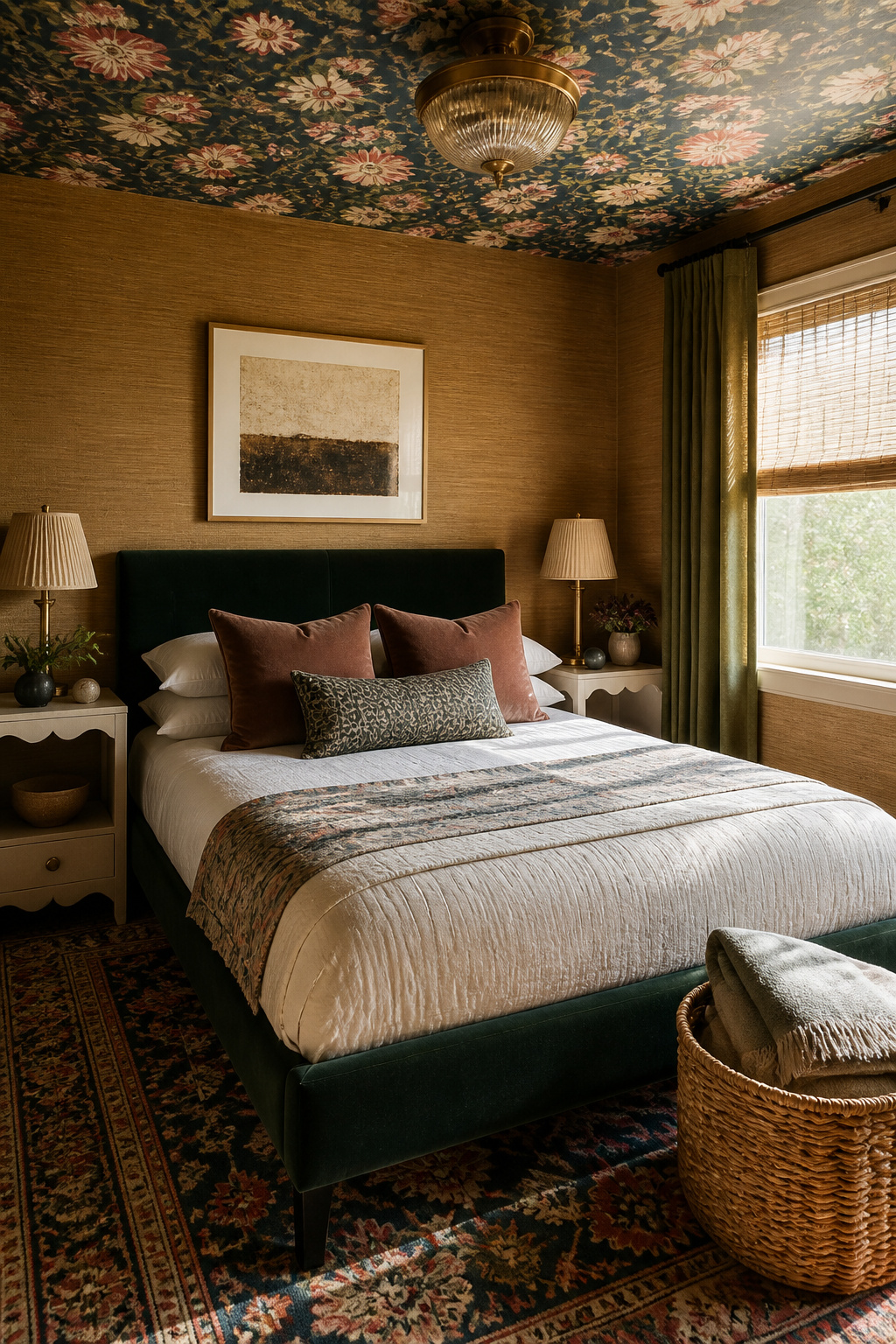 40 Small Bedroom Ideas to Make Every Square Foot Count in 2026 2 Bedroom with woven grass cloth walls and floral wallpaper above the bed.