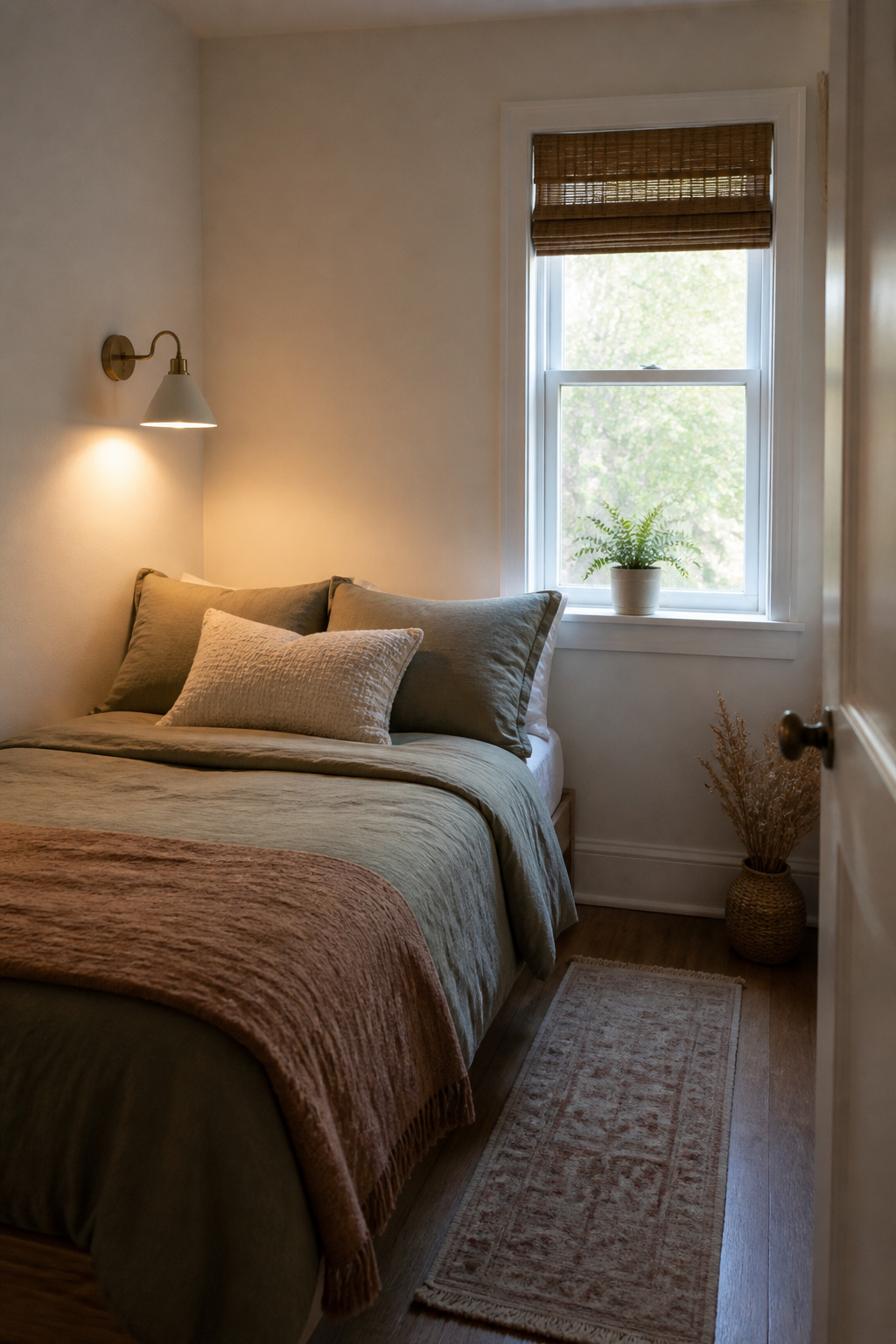 40 Small Bedroom Ideas to Make Every Square Foot Count in 2026 20 Wall-mounted sconce illuminating a small bedroom.