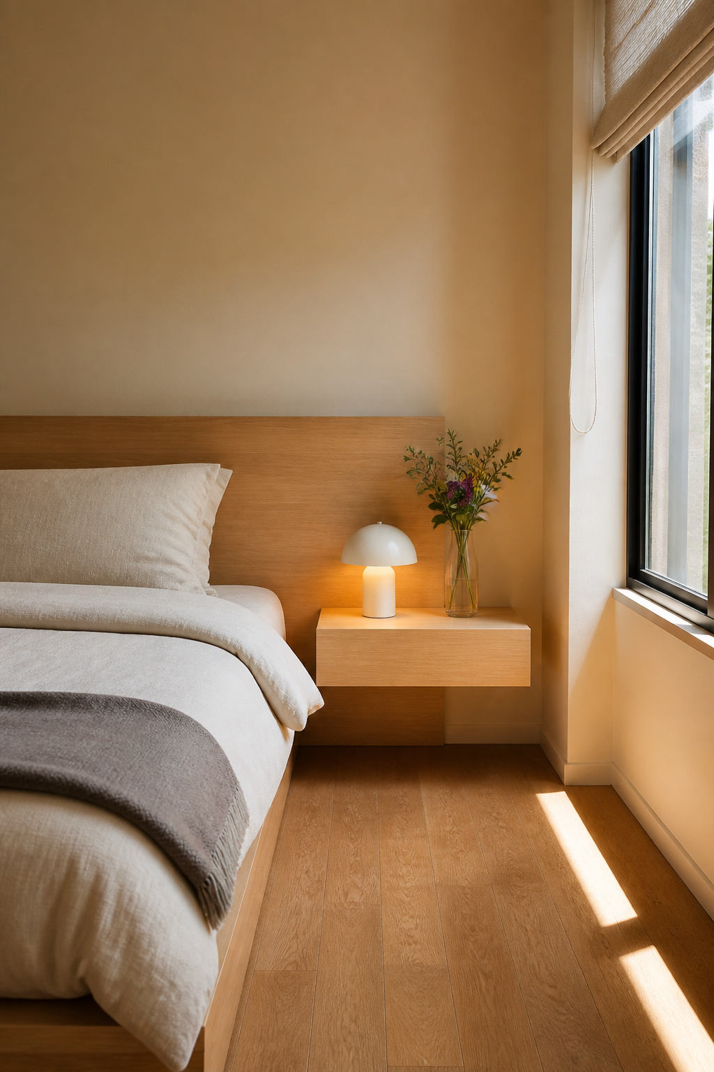 40 Small Bedroom Ideas to Make Every Square Foot Count in 2026 21 Floating side table next to a low bed in a compact bedroom.