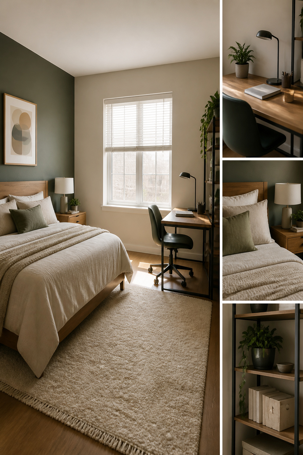 40 Small Bedroom Ideas to Make Every Square Foot Count in 2026 22 Bedroom with a rug separating the bed and desk area.