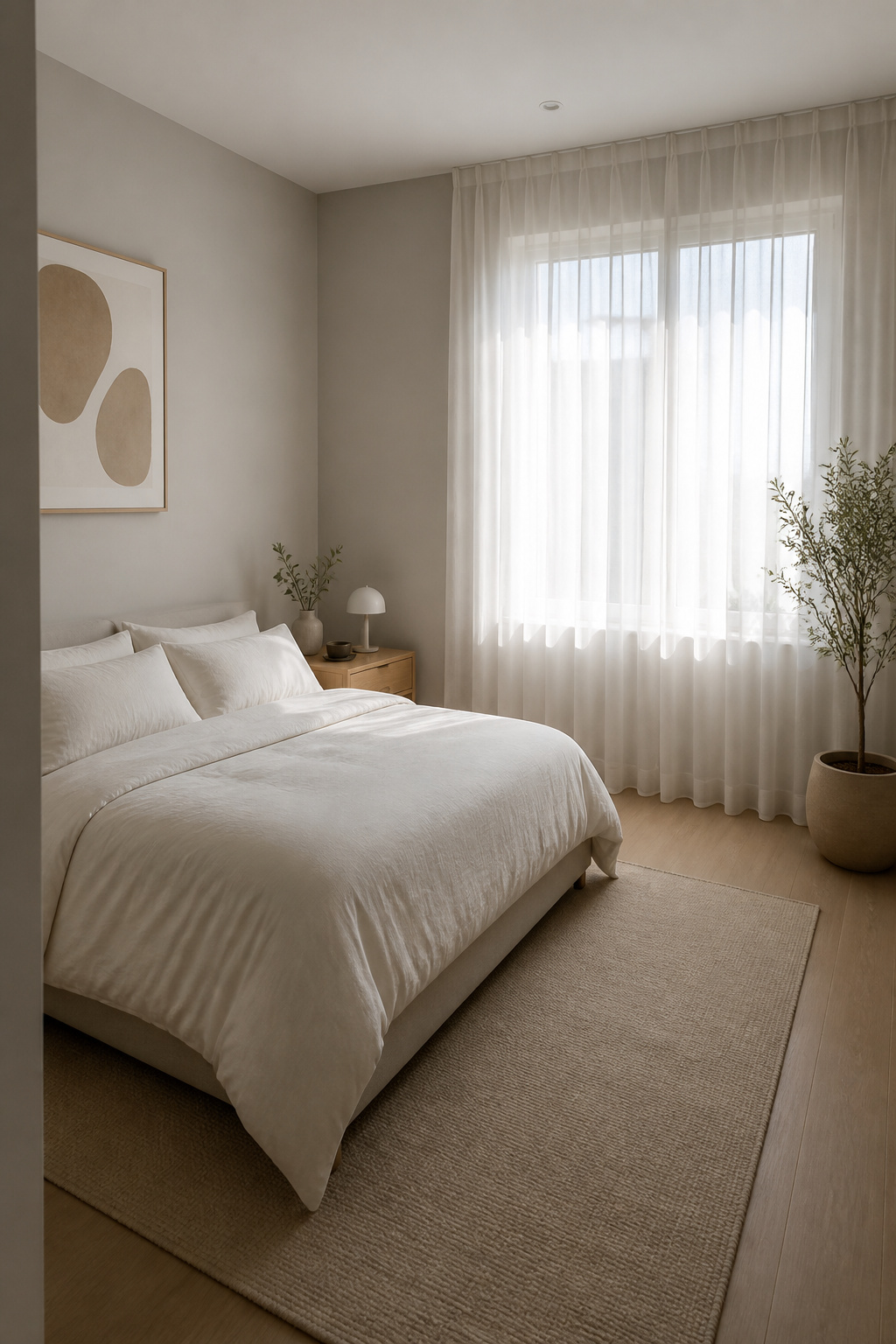 40 Small Bedroom Ideas to Make Every Square Foot Count in 2026 23 Bedroom with soft gray walls and muted white bedding.
