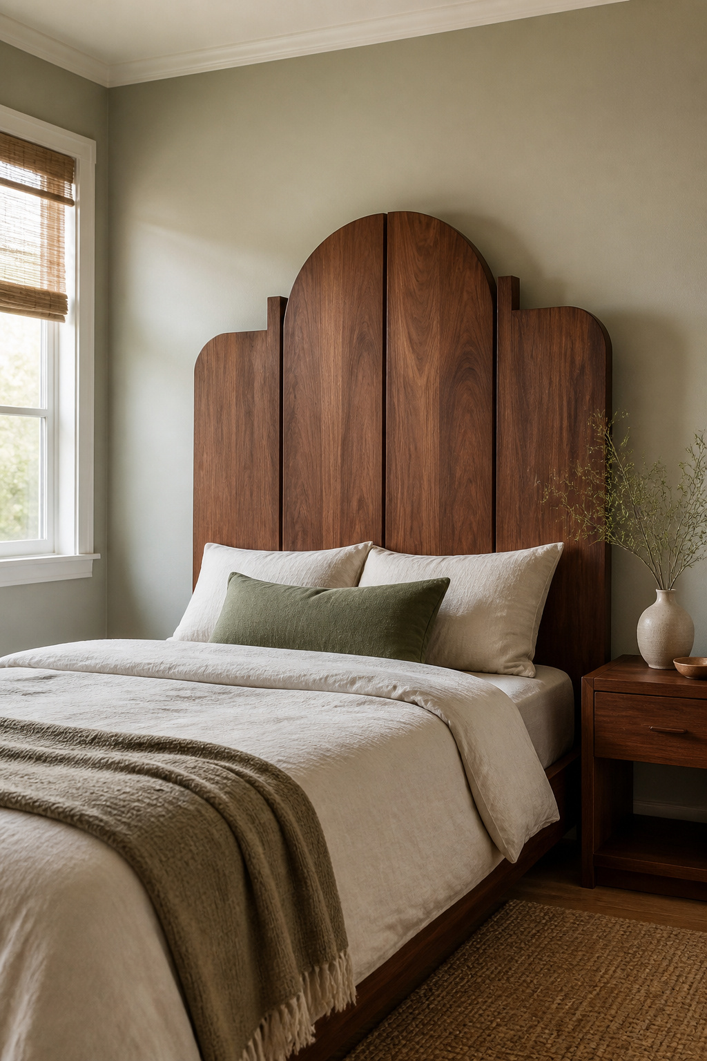 40 Small Bedroom Ideas to Make Every Square Foot Count in 2026 26 Sculptural headboard behind a bed in a small bedroom.