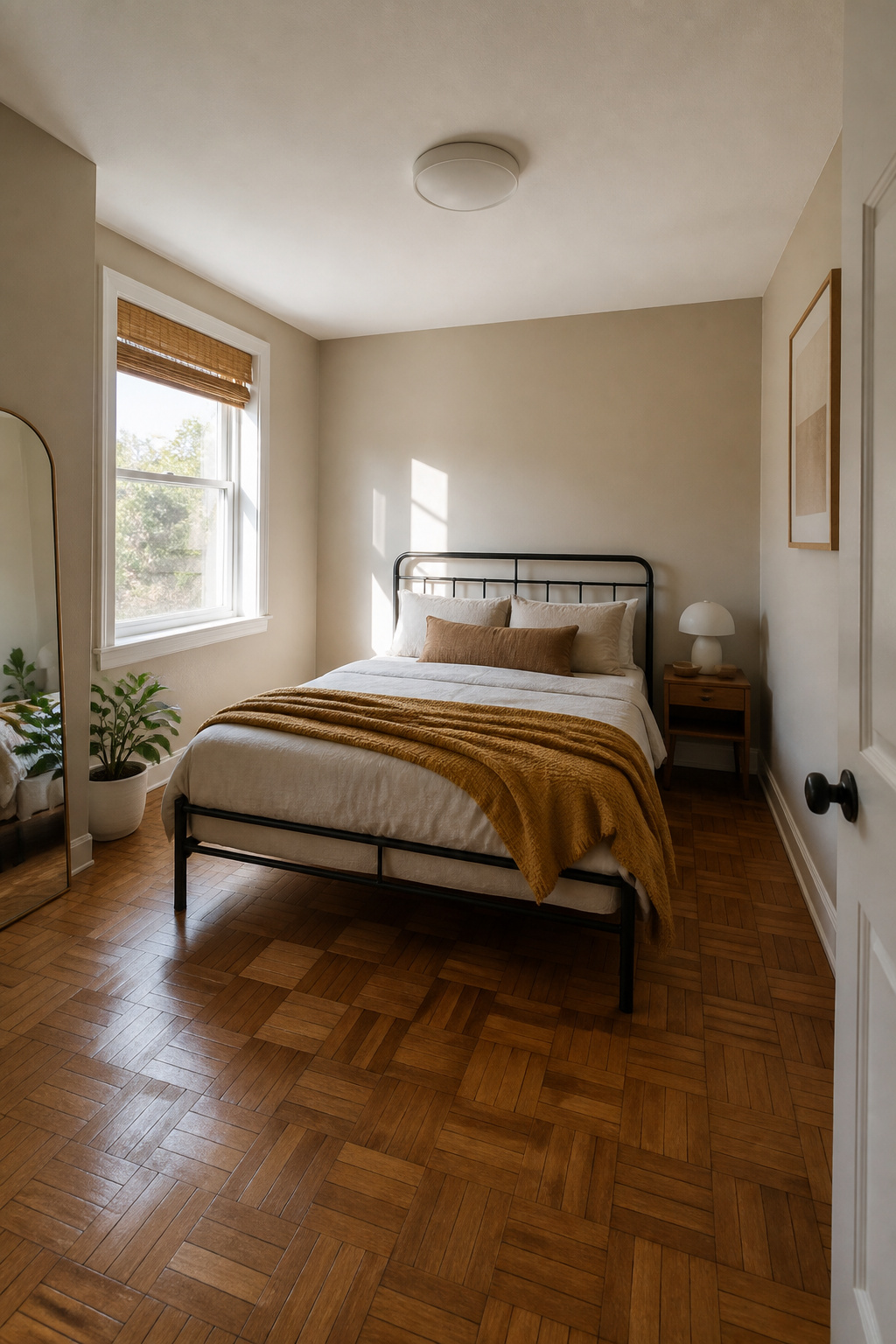 40 Small Bedroom Ideas to Make Every Square Foot Count in 2026 3 Metal bed frame in a small bedroom with warm wood tones.