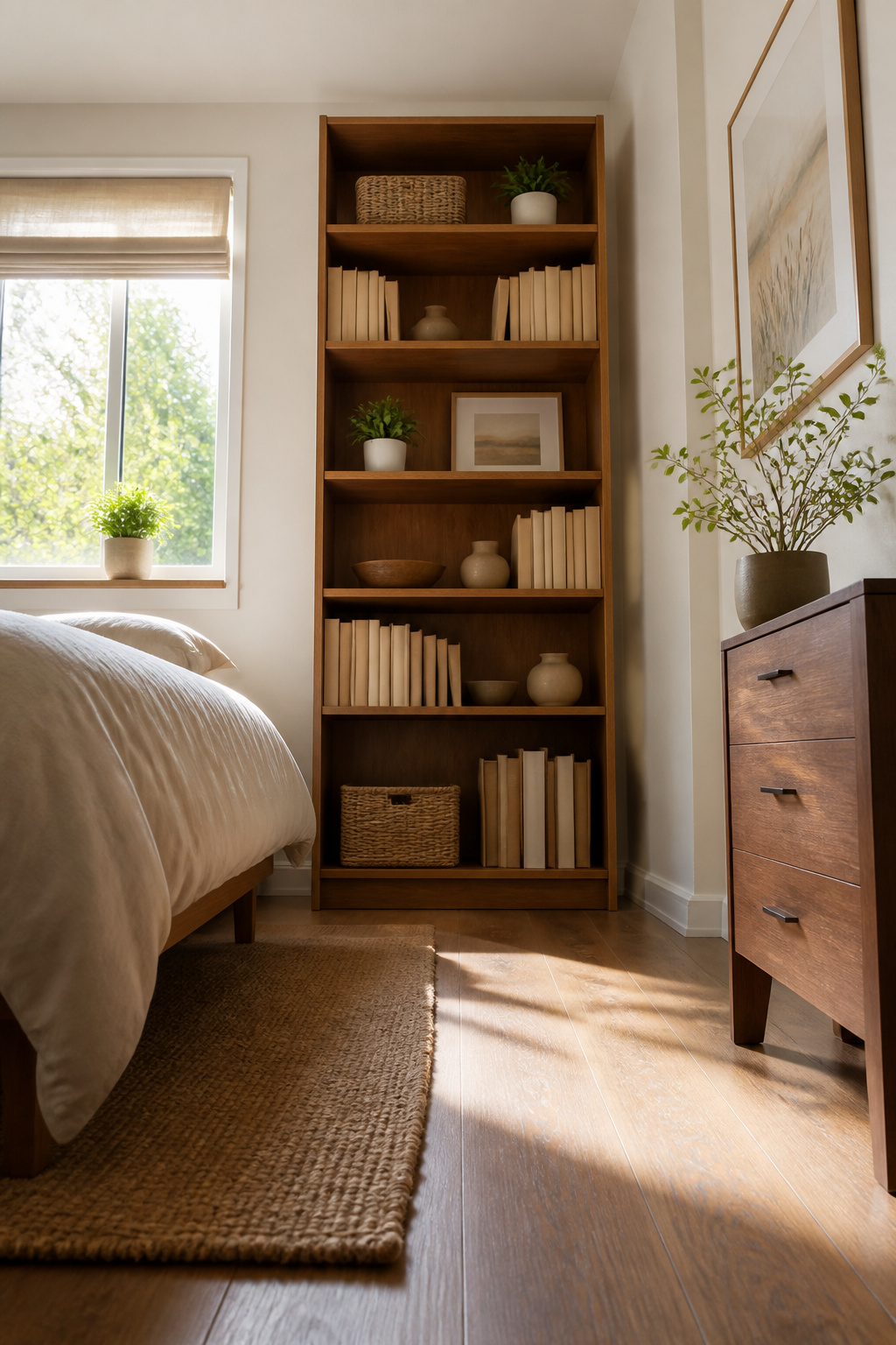 40 Small Bedroom Ideas to Make Every Square Foot Count in 2026 30 Tall bookcase providing storage in a small bedroom.