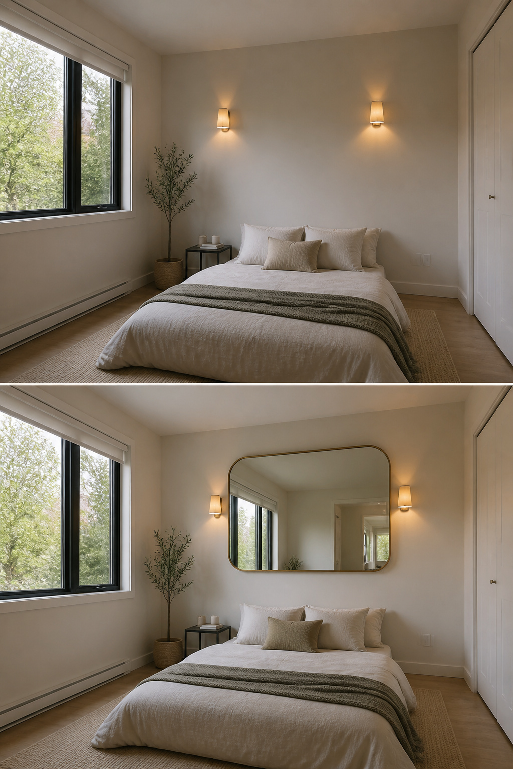 40 Small Bedroom Ideas to Make Every Square Foot Count in 2026 32 Mirror placed on a wall opposite a window in a bedroom.
