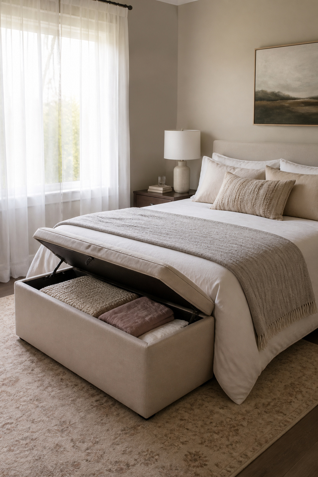 40 Small Bedroom Ideas to Make Every Square Foot Count in 2026 34 Ottoman at the foot of the bed providing hidden storage.