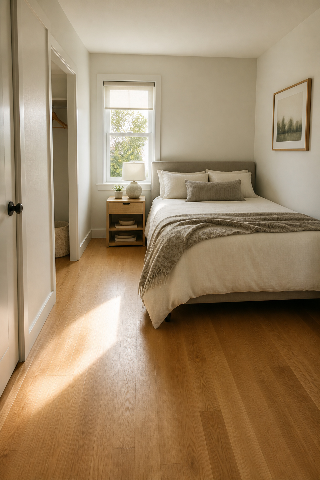 40 Small Bedroom Ideas to Make Every Square Foot Count in 2026 35 Bed positioned against a wall with open pathways in a bedroom.