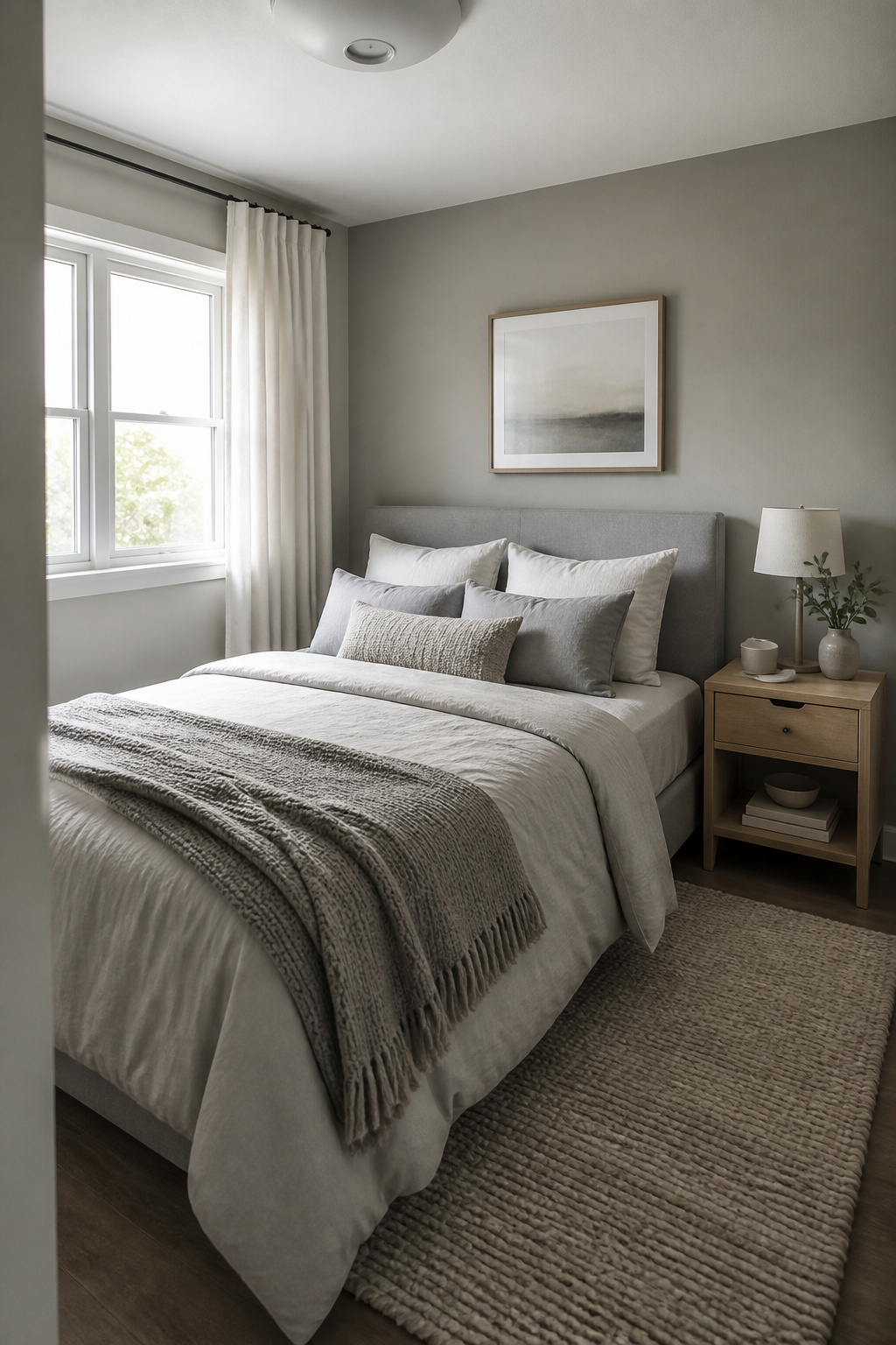 40 Small Bedroom Ideas to Make Every Square Foot Count in 2026 37 Bedroom with soft gray walls and matching decor.