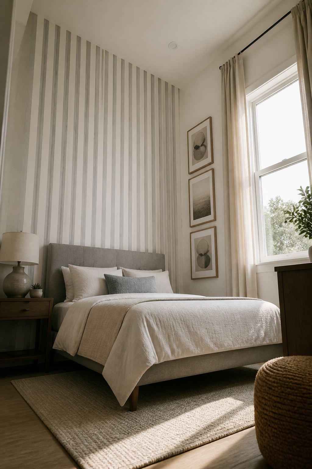 40 Small Bedroom Ideas to Make Every Square Foot Count in 2026 39 Striped wallpaper and vertical decor in a small bedroom.