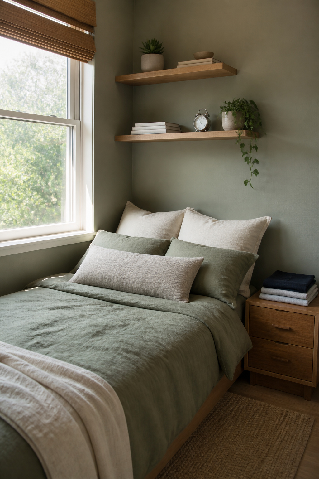 40 Small Bedroom Ideas to Make Every Square Foot Count in 2026 6 High-mounted floating shelves with decor and a small plant.