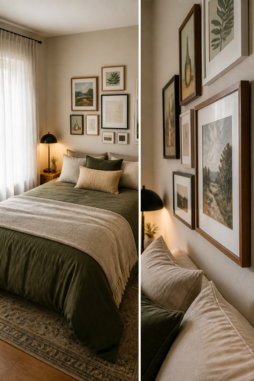 40 Small Bedroom Ideas to Make Every Square Foot Count in 2026 7 Cluster of small artworks hung above a bed in a bedroom.